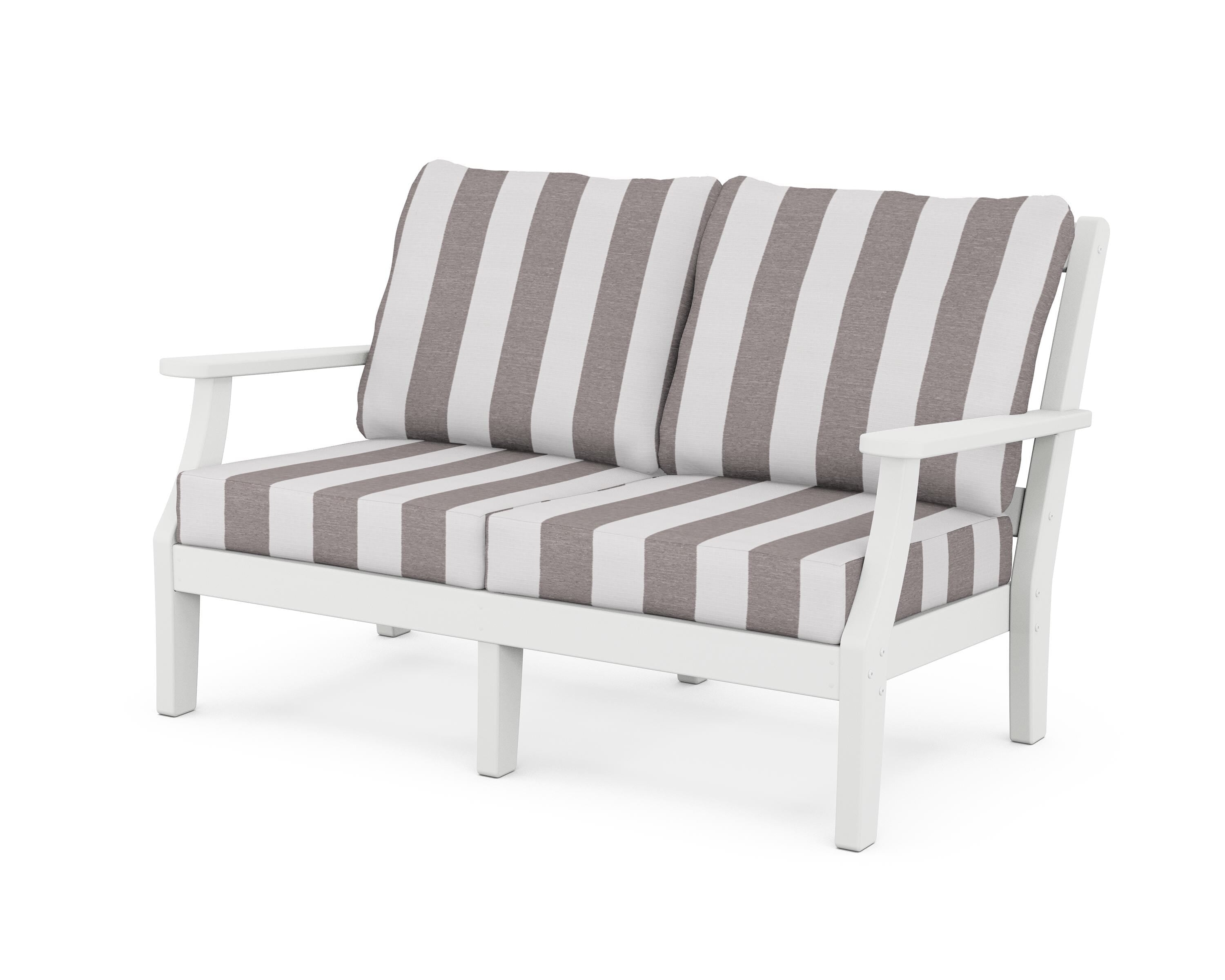 Martha Stewart by POLYWOOD® Chinoiserie Deep Seating Loveseat in White / Cabana Stripe Grey Mist
