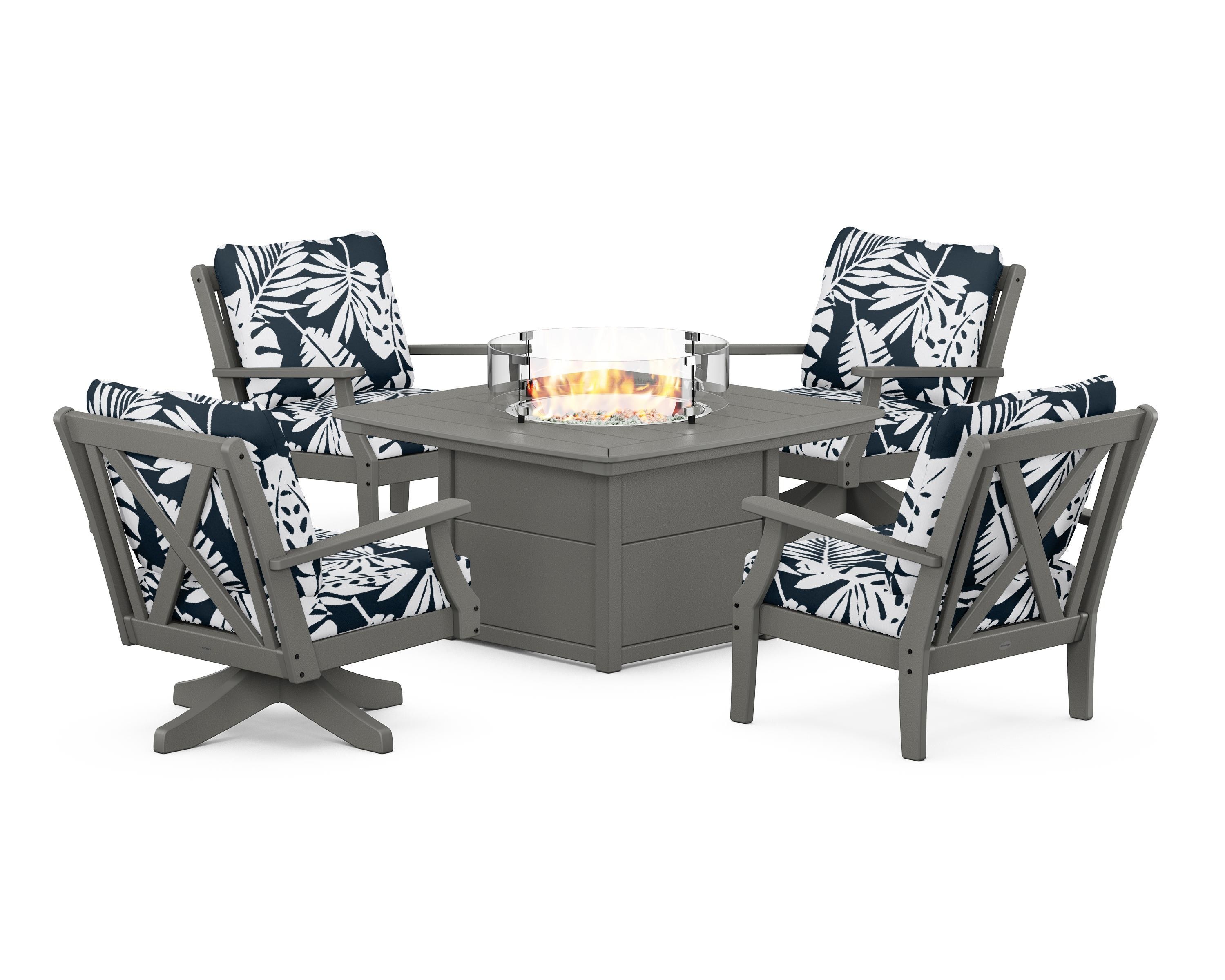 POLYWOOD® Braxton 5-Piece Deep Seating Set with Fire Table in Slate Grey / Leaf Marine Indigo