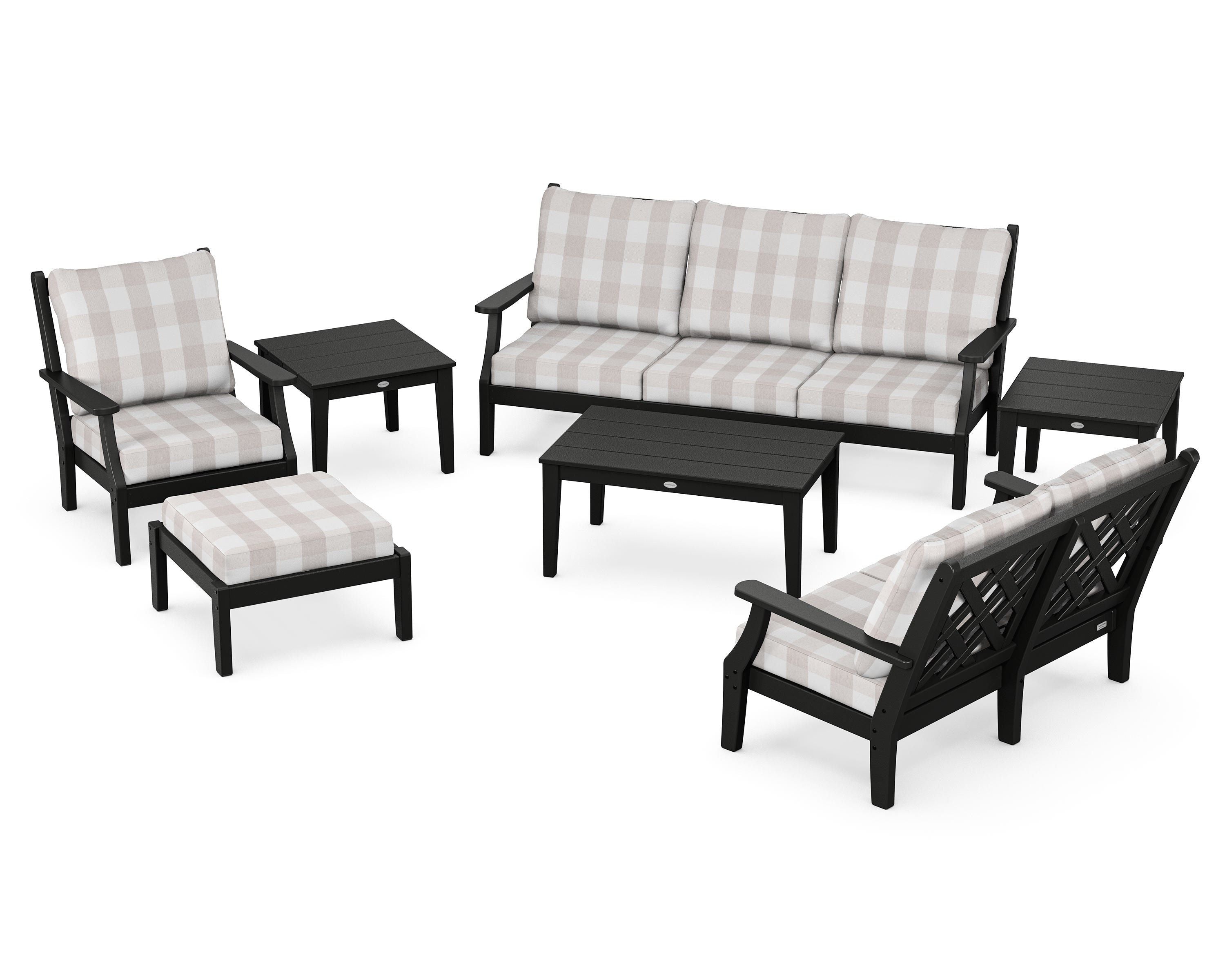 Country Living Wovendale 7-Piece Deep Seating Set in Black / Buffalo Plaid Dune Burlap