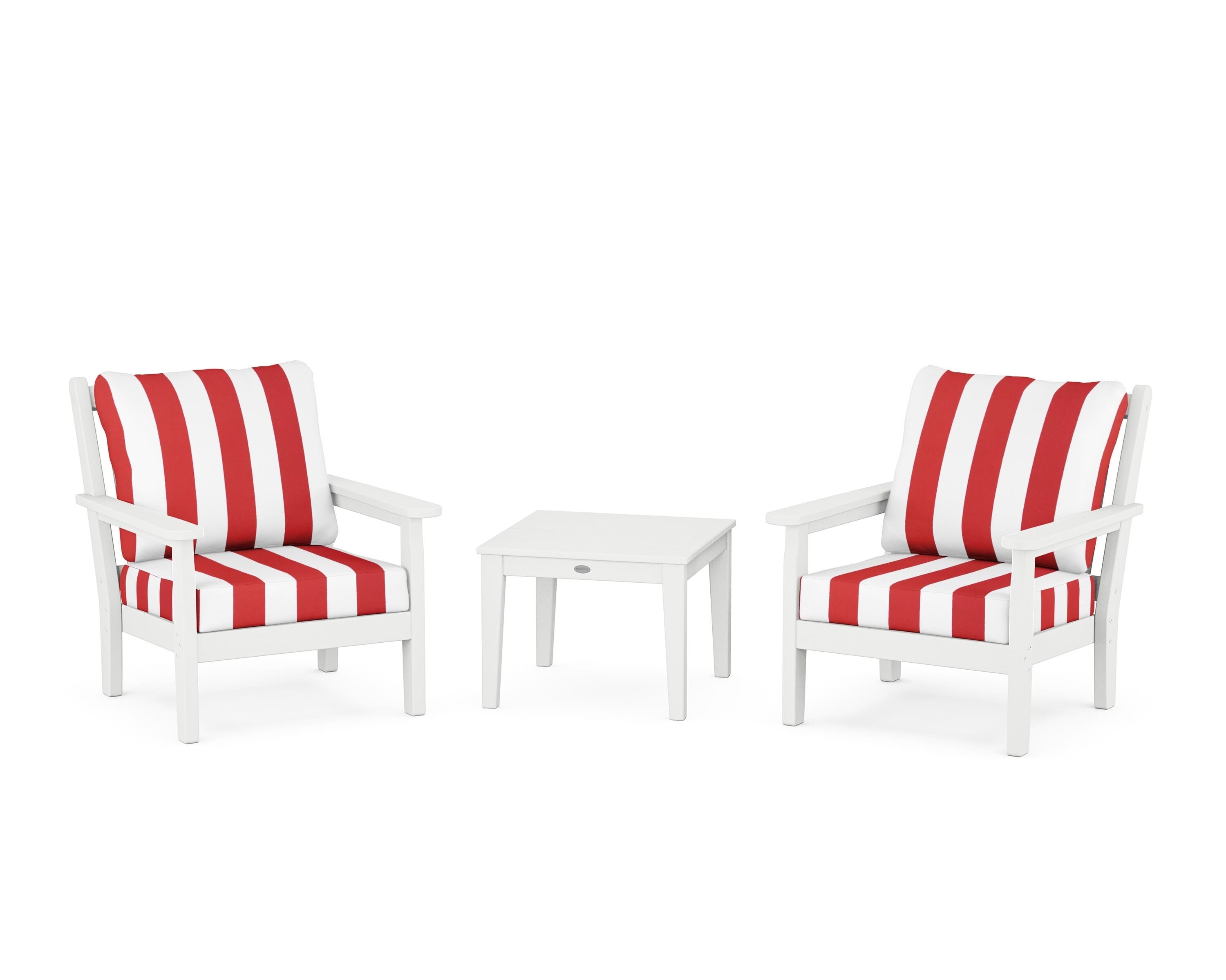 POLYWOOD® Chippendale 3-Piece Deep Seating Set in White / Cabana Stripe Crimson