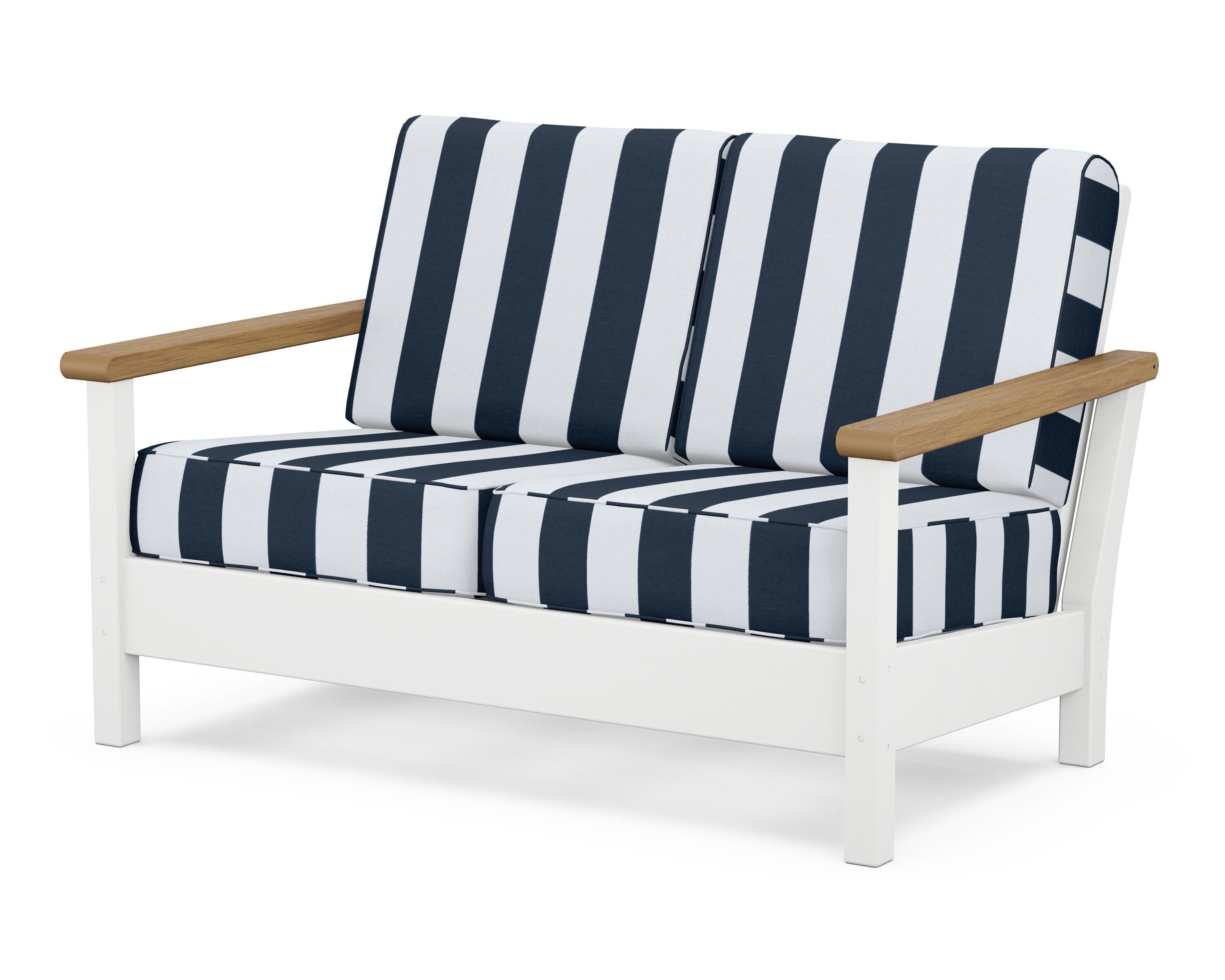 POLYWOOD® Harbour Deep Seating Loveseat in White / Natural / Cabana Stripe Marine Indigo