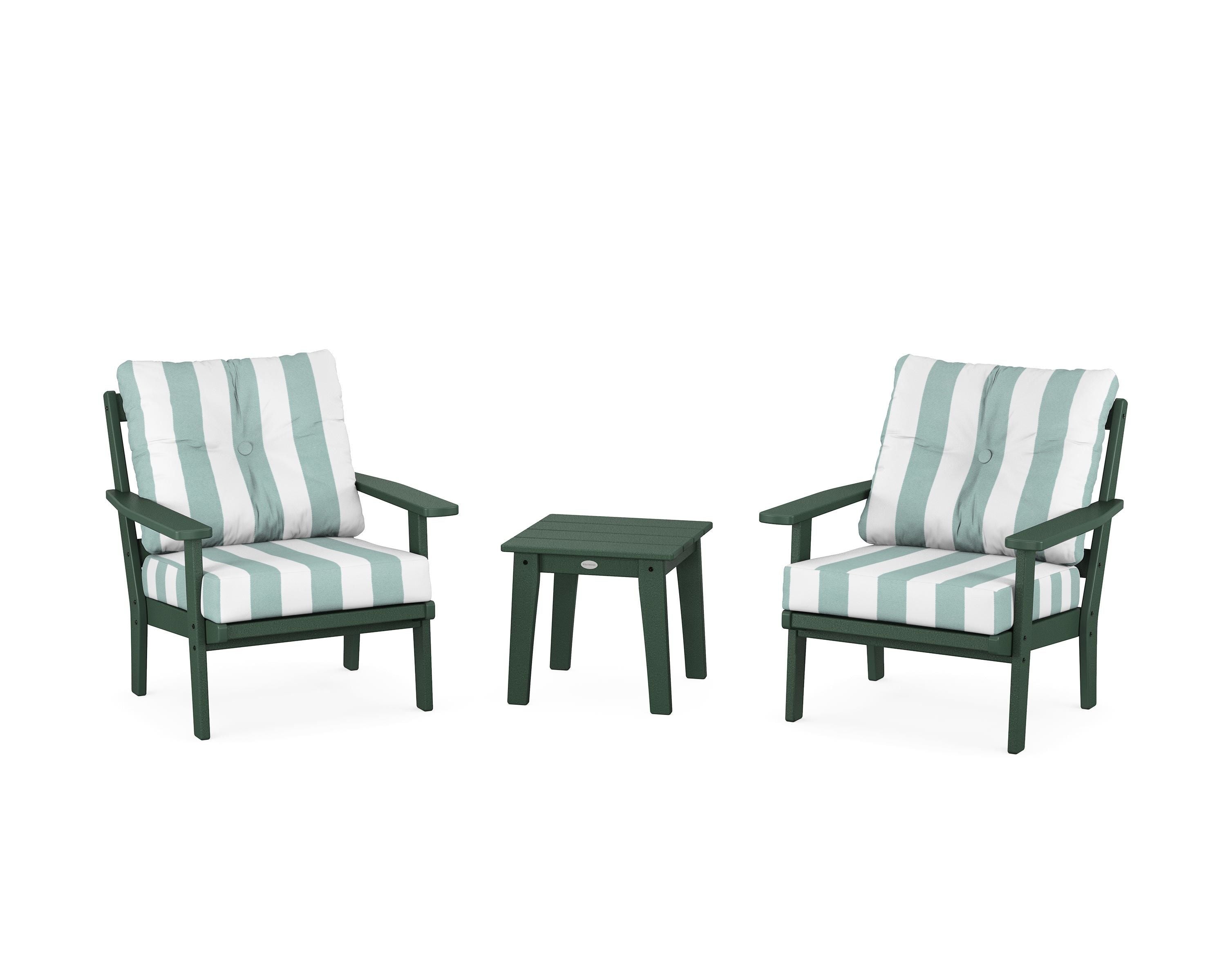 POLYWOOD® Prairie 3-Piece Deep Seating Set in Green / Cabana Stripe Glacier Spa