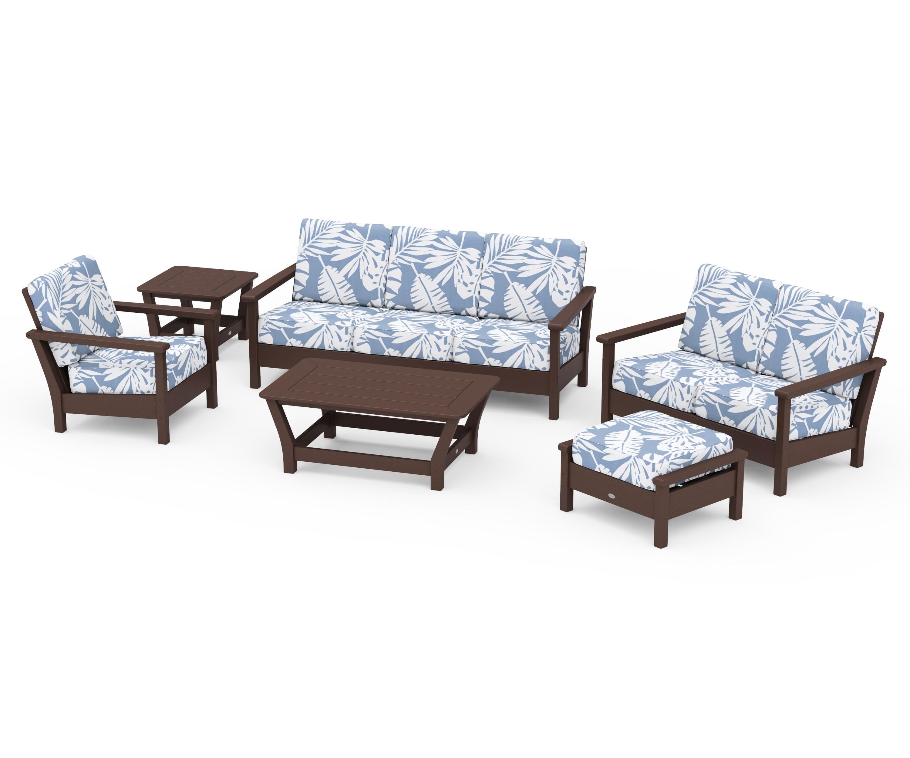 POLYWOOD® Harbour 6-Piece Outdoor Living Set in Mahogany / Leaf Sky Blue