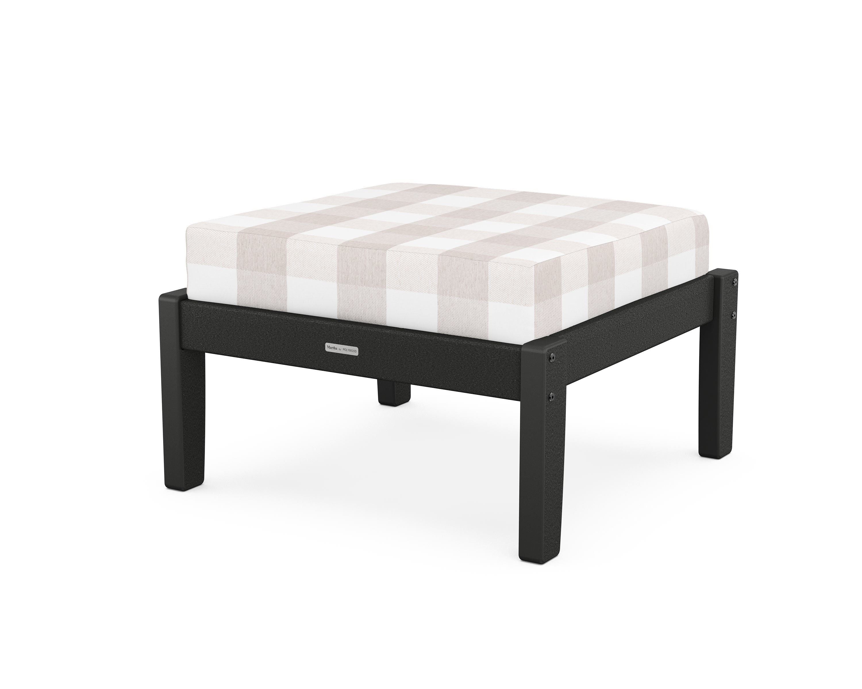 Martha Stewart by POLYWOOD® Chinoiserie Deep Seating Ottoman in Black / Buffalo Plaid Dune Burlap