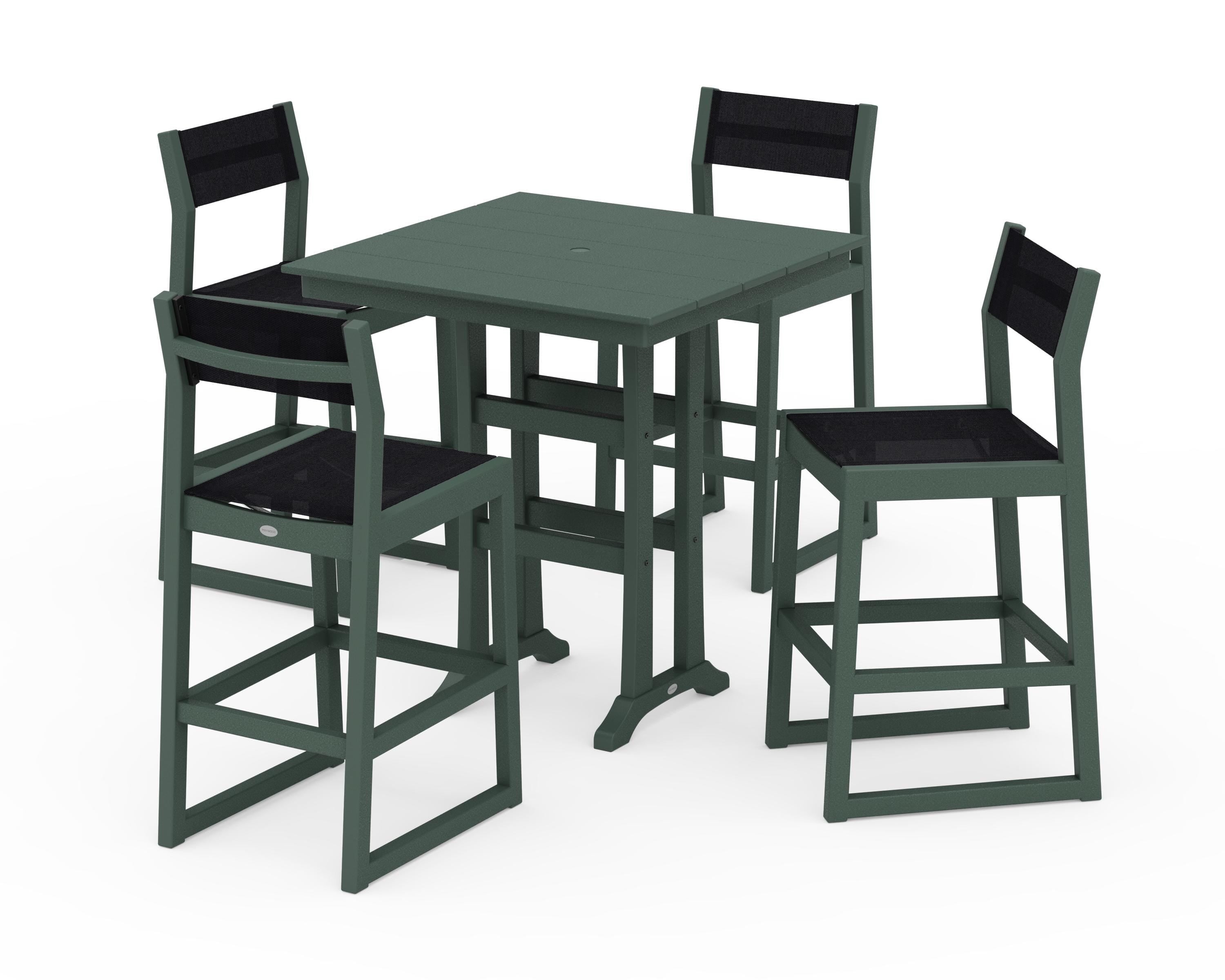 POLYWOOD® EDGE Sling Arm Chair 5-Piece Farmhouse Bar Set with Trestle Legs in Green / Black Sling