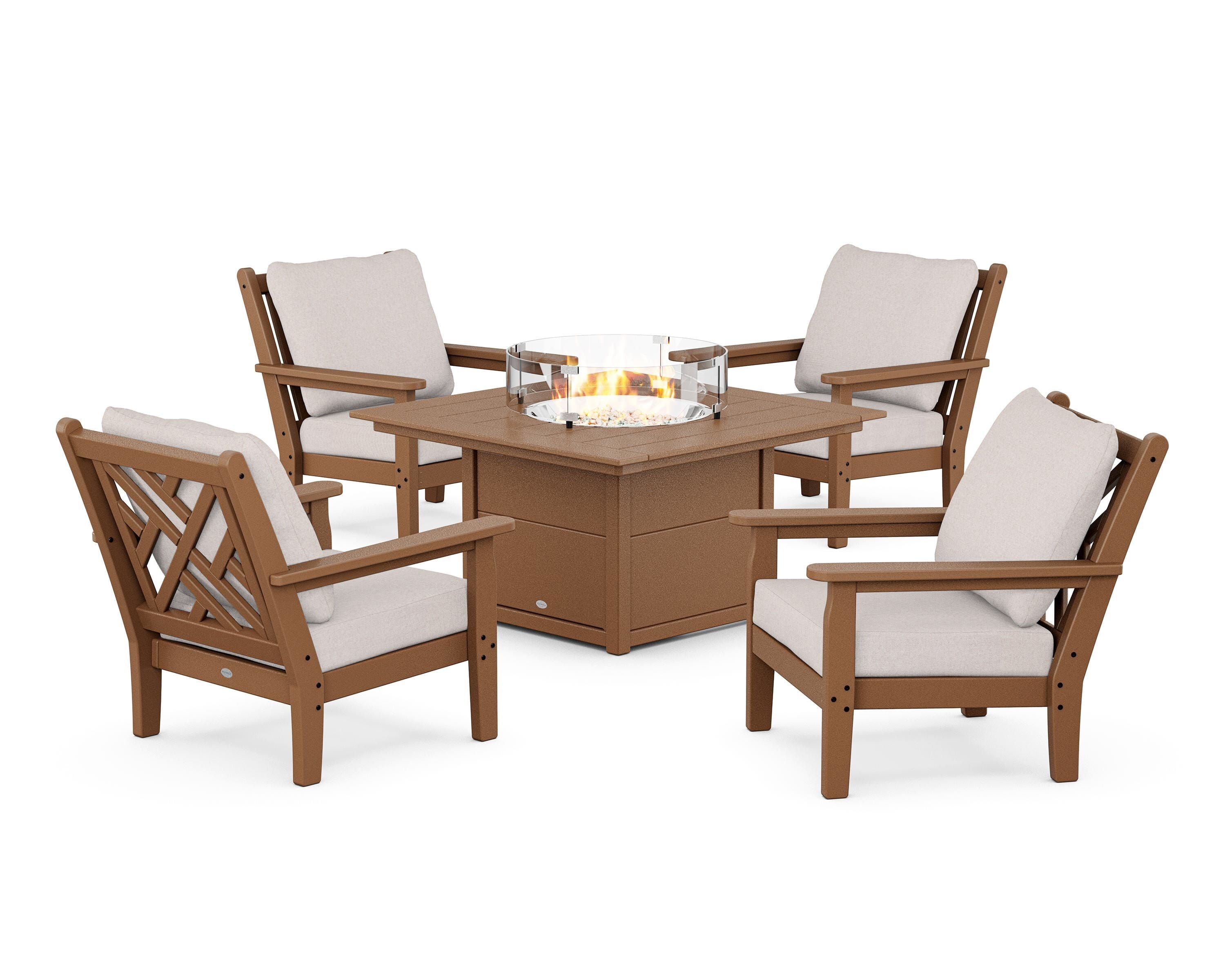 POLYWOOD® Chippendale 5-Piece Deep Seating Set with Fire Pit Table in Teak / Dune Burlap