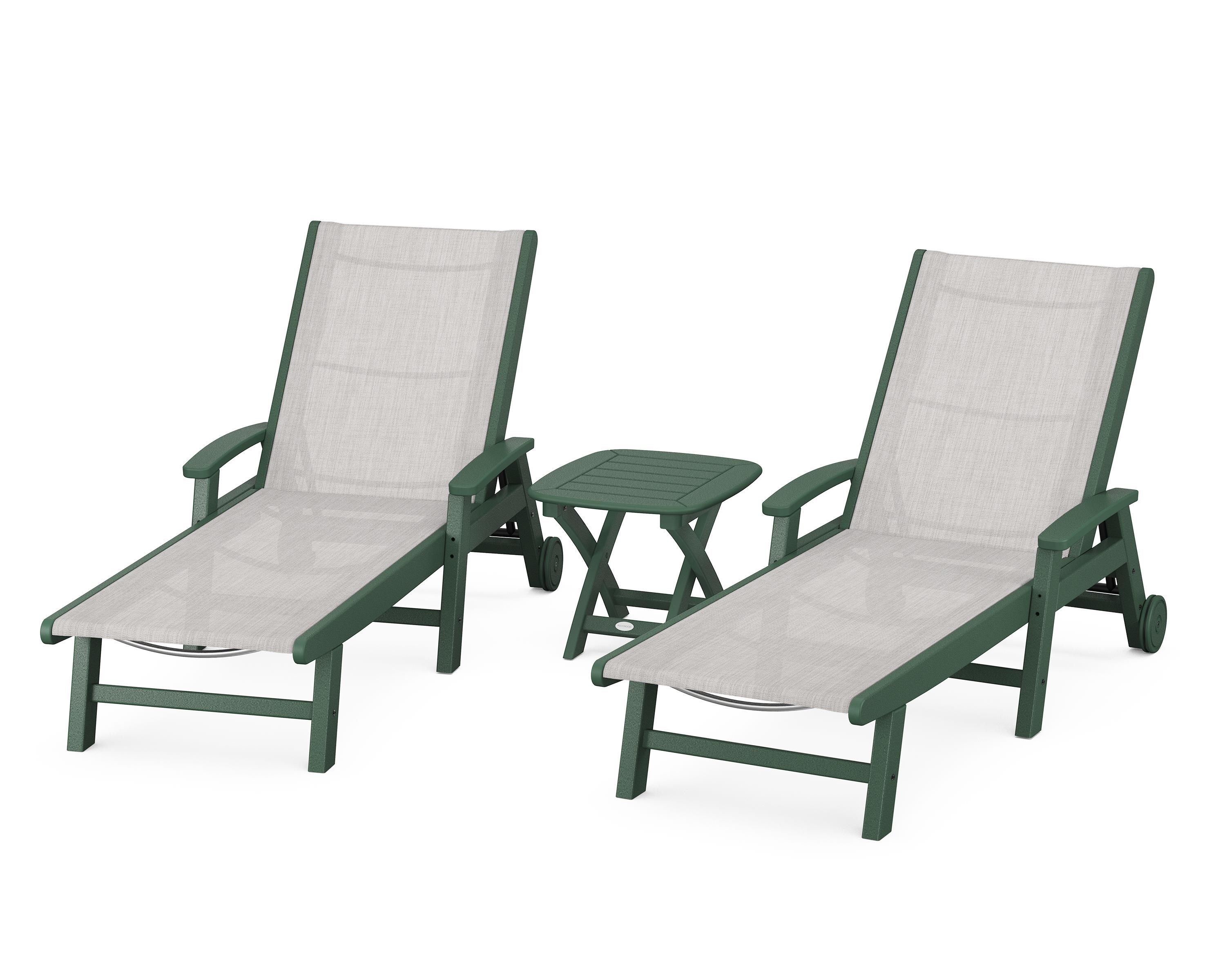 POLYWOOD® Coastal 3-Piece Wheeled Chaise Set in Green / Parchment Sling