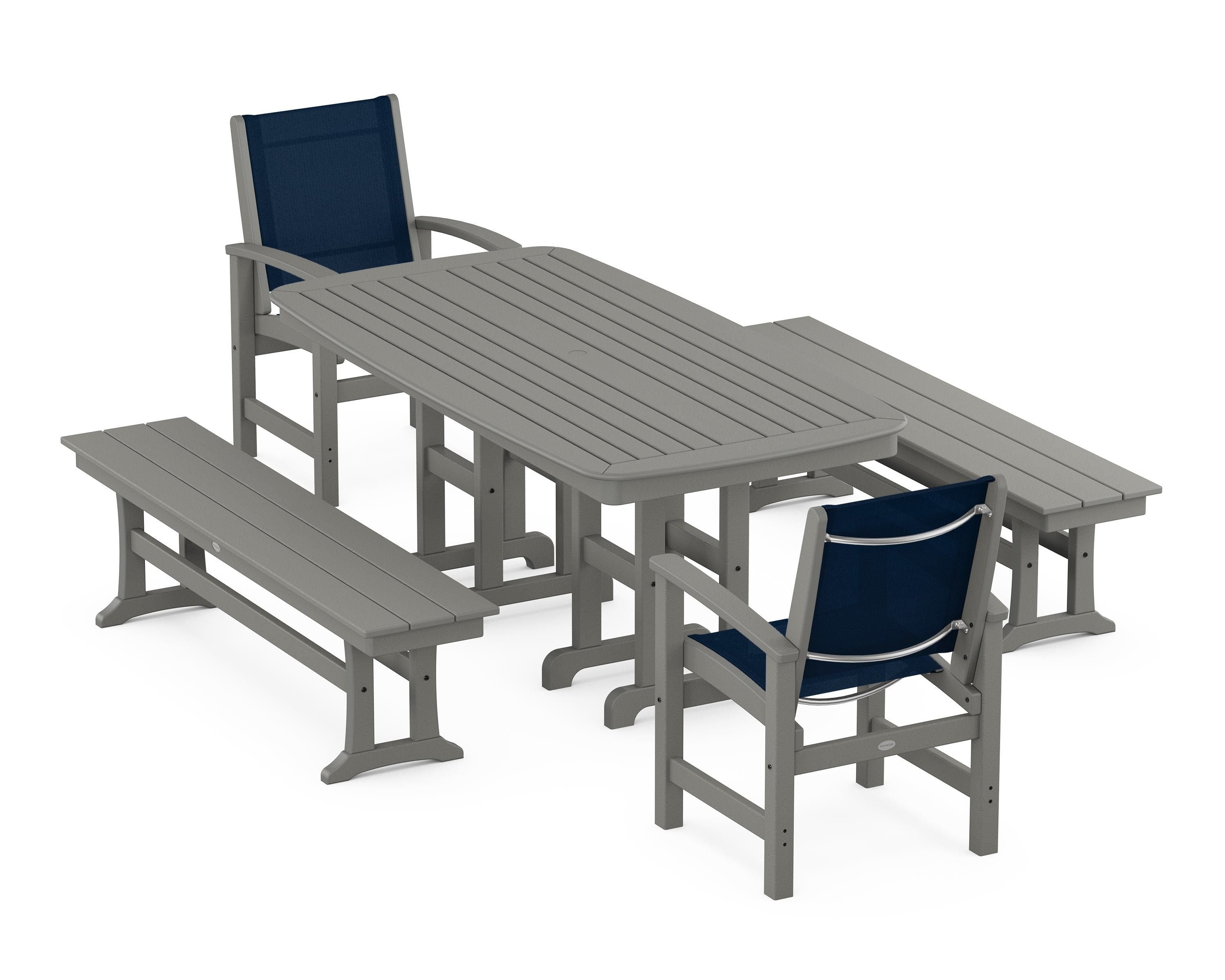 POLYWOOD® Coastal 5-Piece Dining Set in Slate Grey / Navy Blue Sling