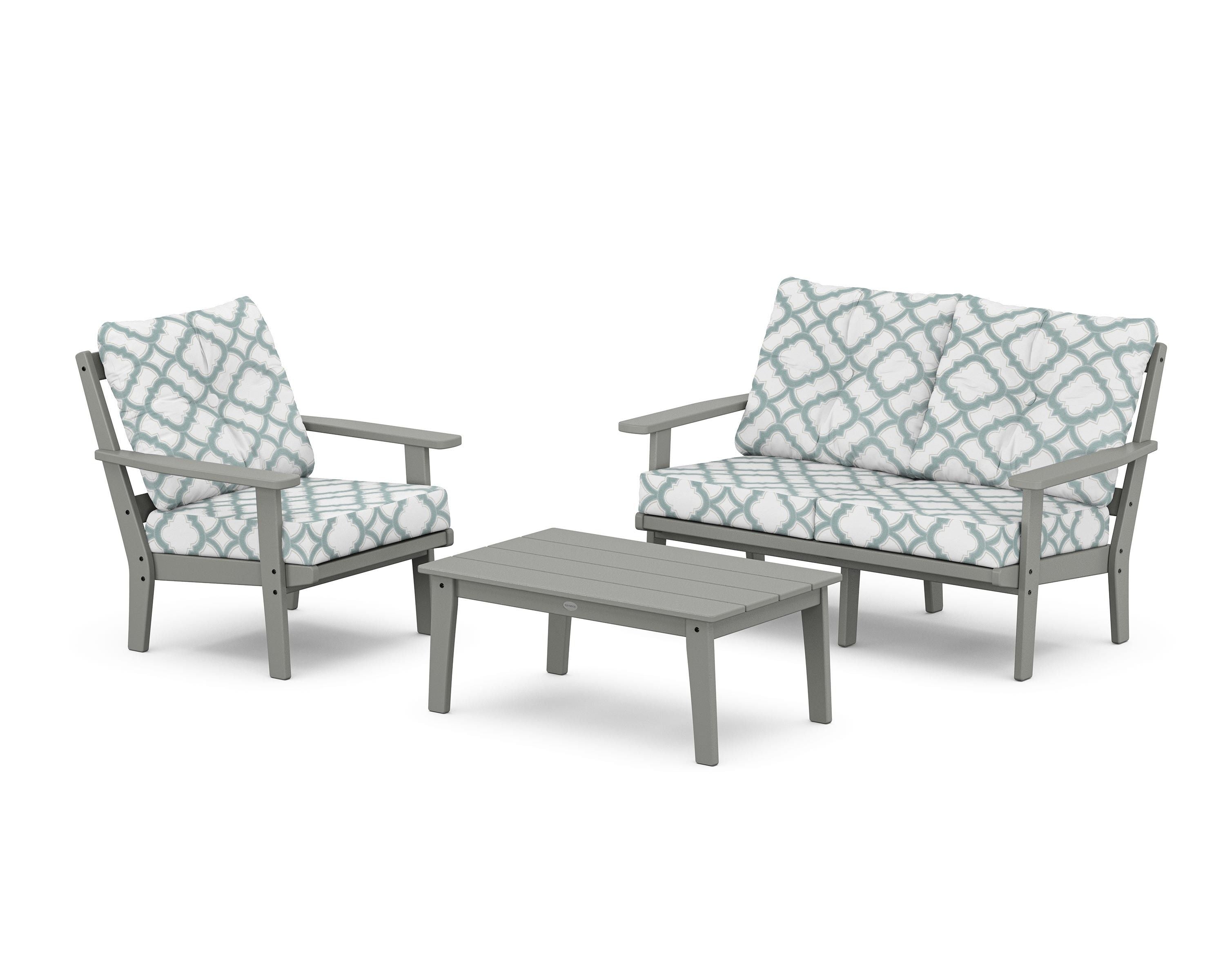 POLYWOOD® Oxford 3-Piece Deep Seating Set with Loveseat in Slate Grey / Trellis Glacier Spa