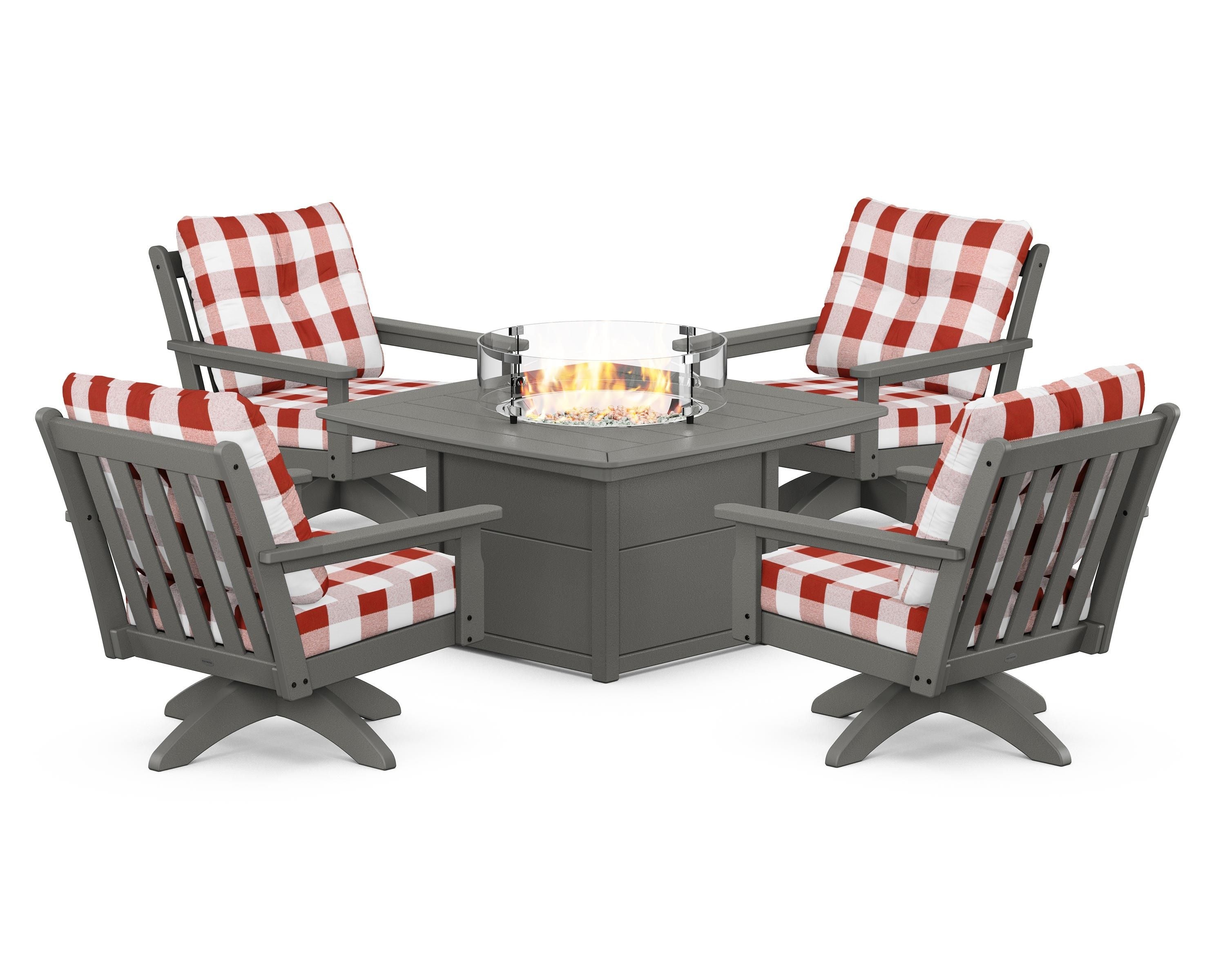 POLYWOOD® Vineyard 5-Piece Deep Seating Swivel Conversation Set with Fire Pit Table in Slate Grey / Buffalo Plaid Crimson