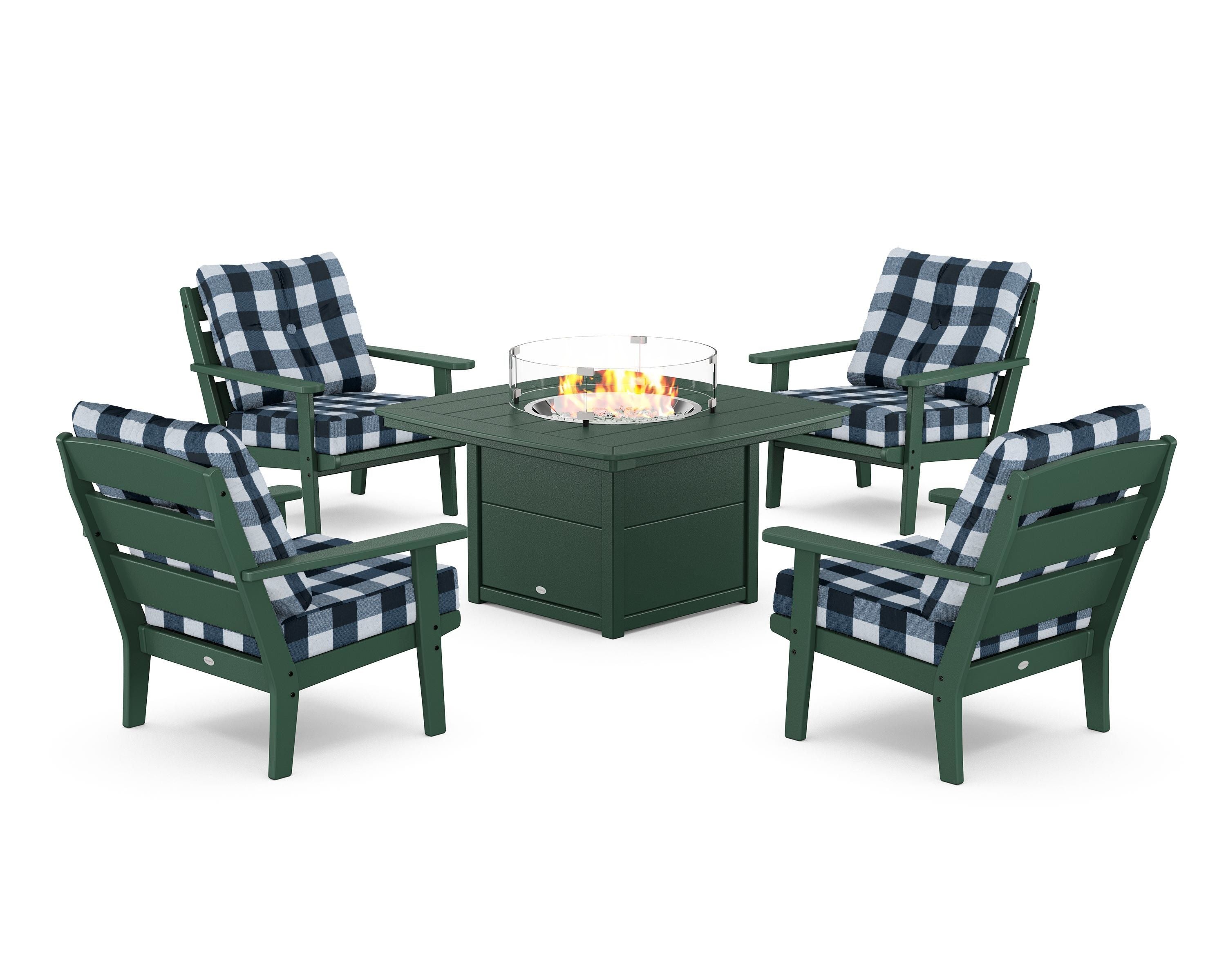 POLYWOOD® Lakeside 5-Piece Deep Seating Set with Nautical Fire Pit Table in Green / Buffalo Plaid Marine Indigo