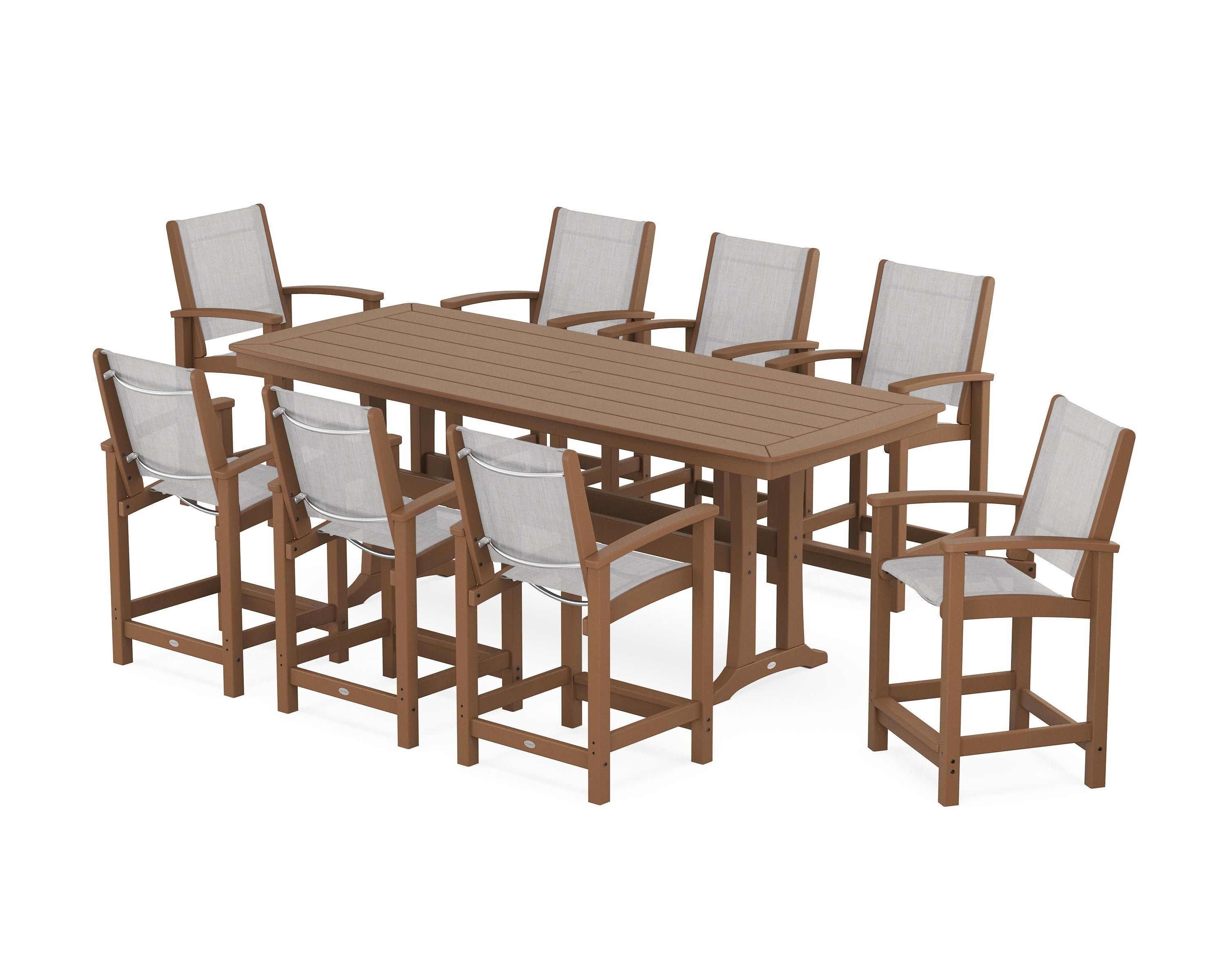 POLYWOOD® Coastal 9-Piece Counter Set with Trestle Legs in Teak / Parchment Sling