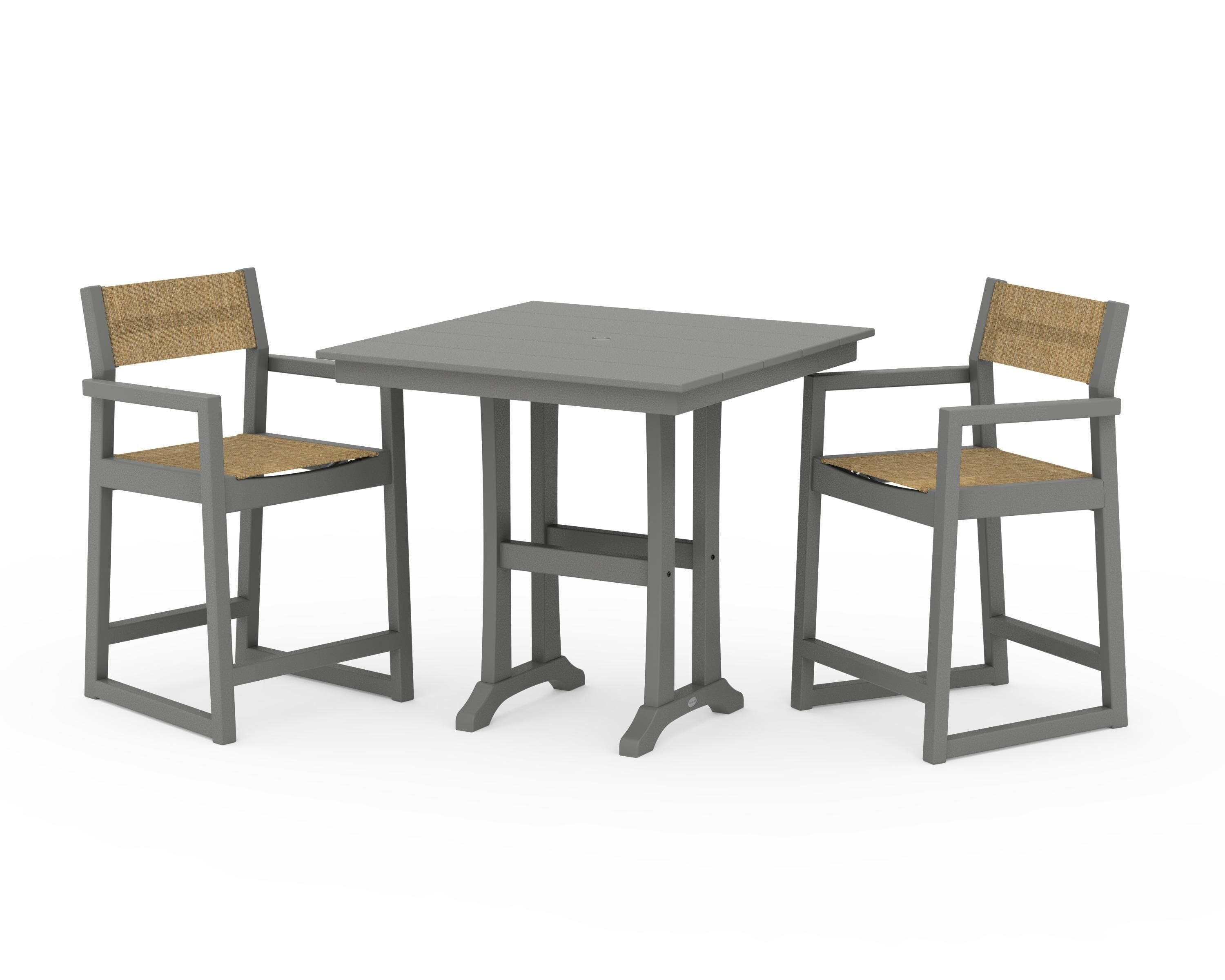 POLYWOOD® EDGE Sling Arm Chair 3-Piece Farmhouse Counter Set with Trestle Legs in Slate Grey / Burlap Sling
