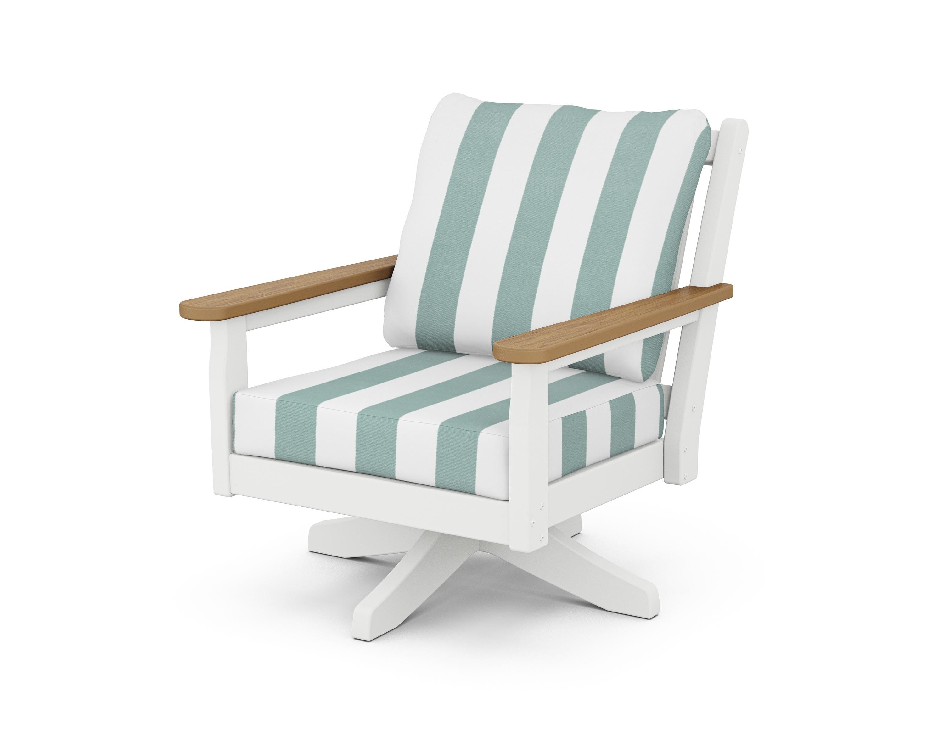 POLYWOOD® Chippendale Deep Seating Swivel Chair in White / Natural / Cabana Stripe Glacier Spa