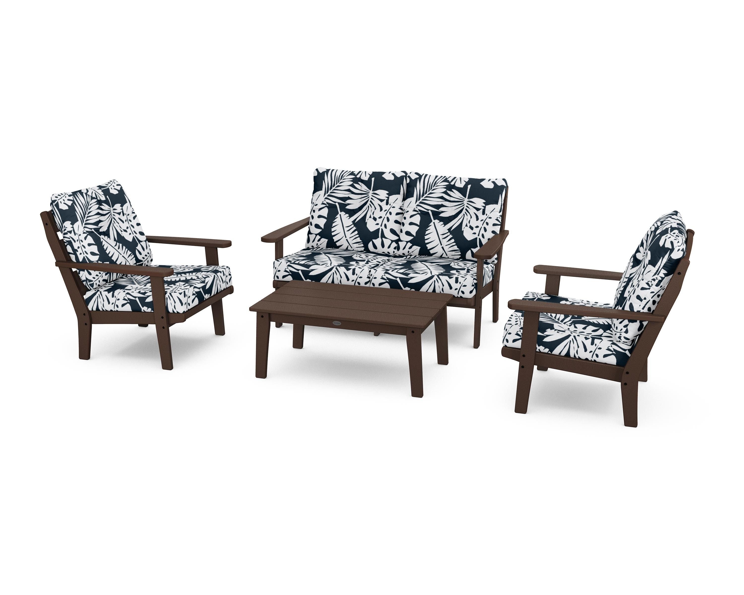 POLYWOOD® Lakeside 4-Piece Deep Seating Set in Mahogany / Leaf Marine Indigo