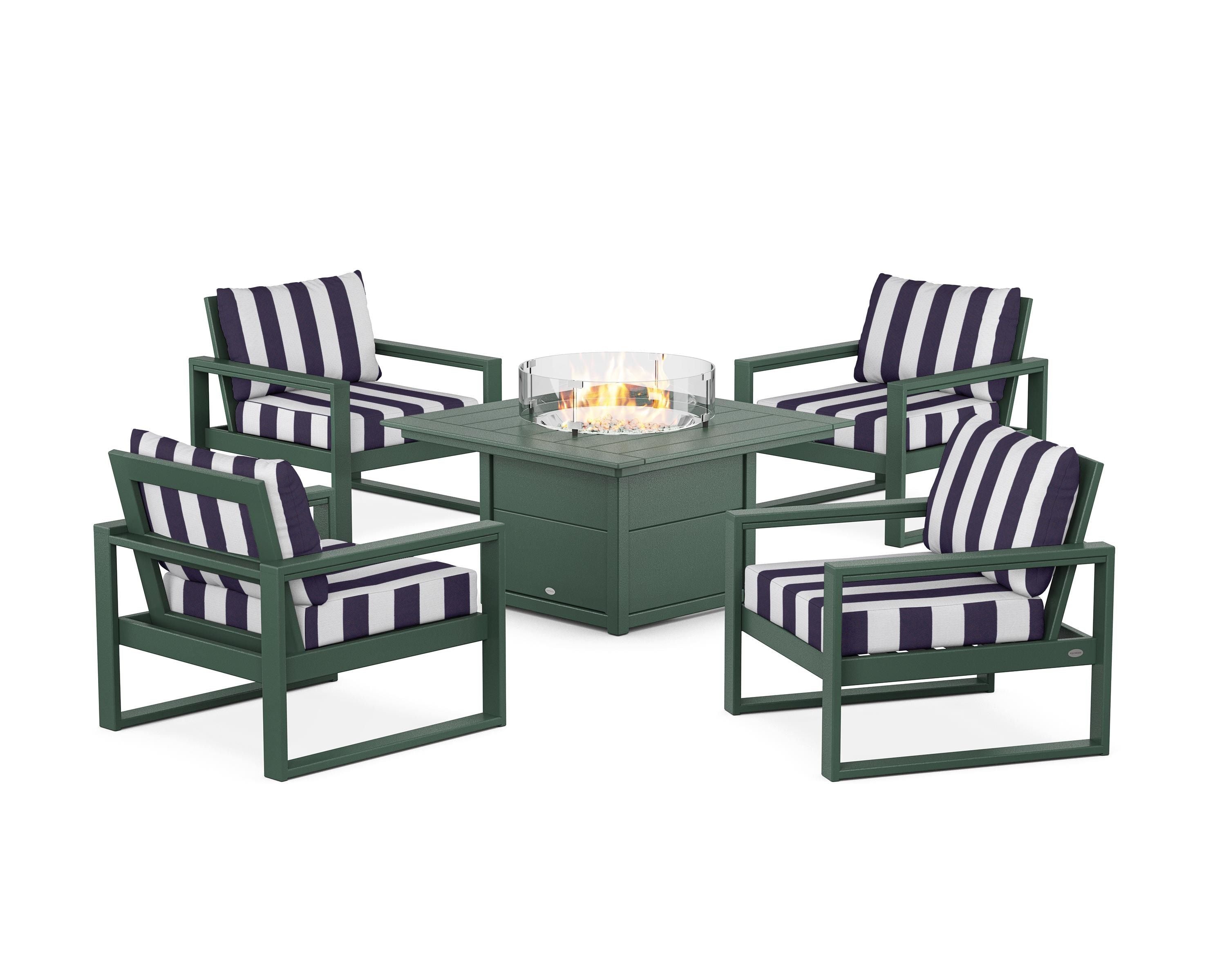 POLYWOOD® EDGE Sectional 5-Piece Deep Seating Set with Fire Pit Table in Green / Cabana Stripe Navy