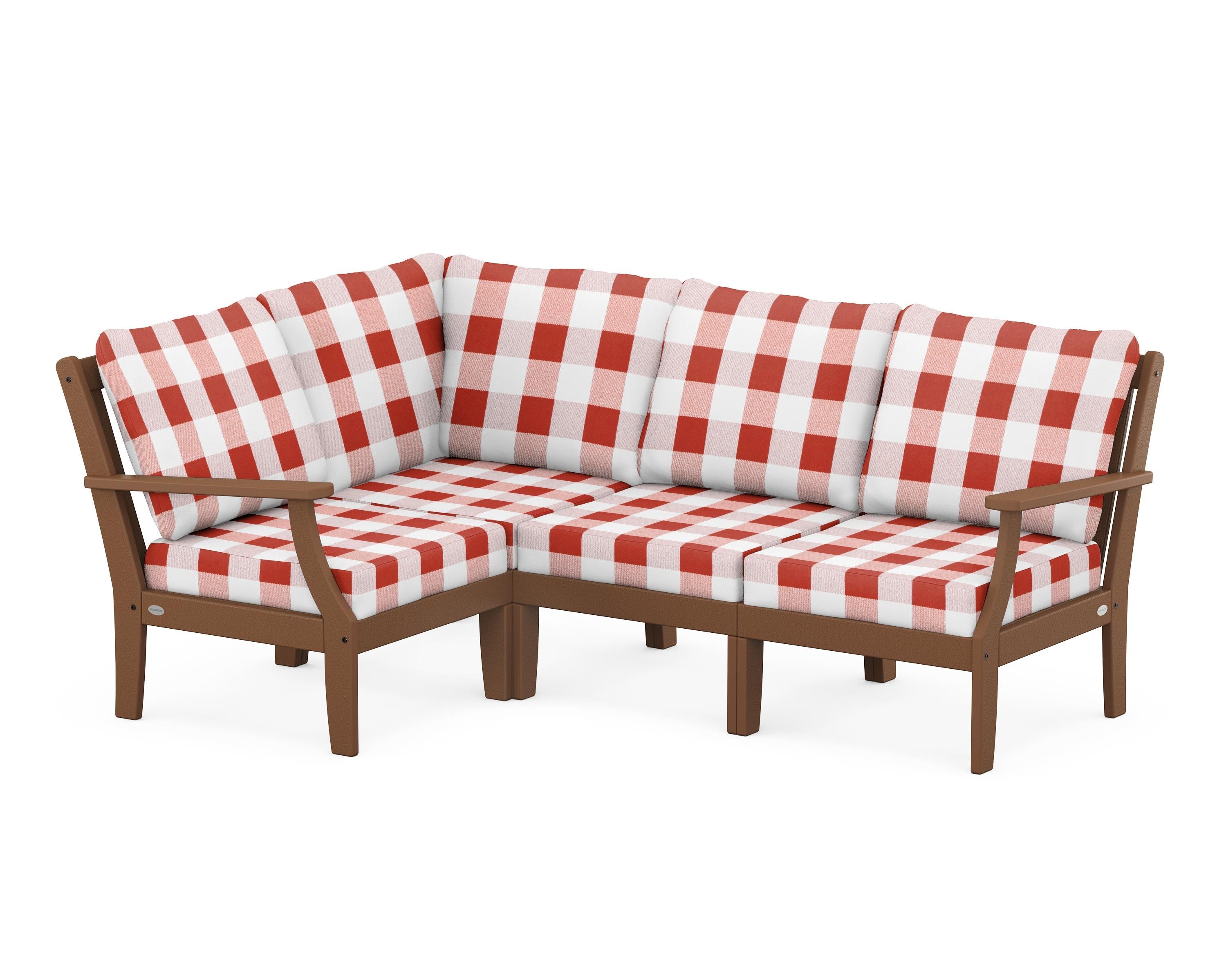POLYWOOD® Braxton Modular 4-Piece Deep Seating Set in Teak / Buffalo Plaid Crimson