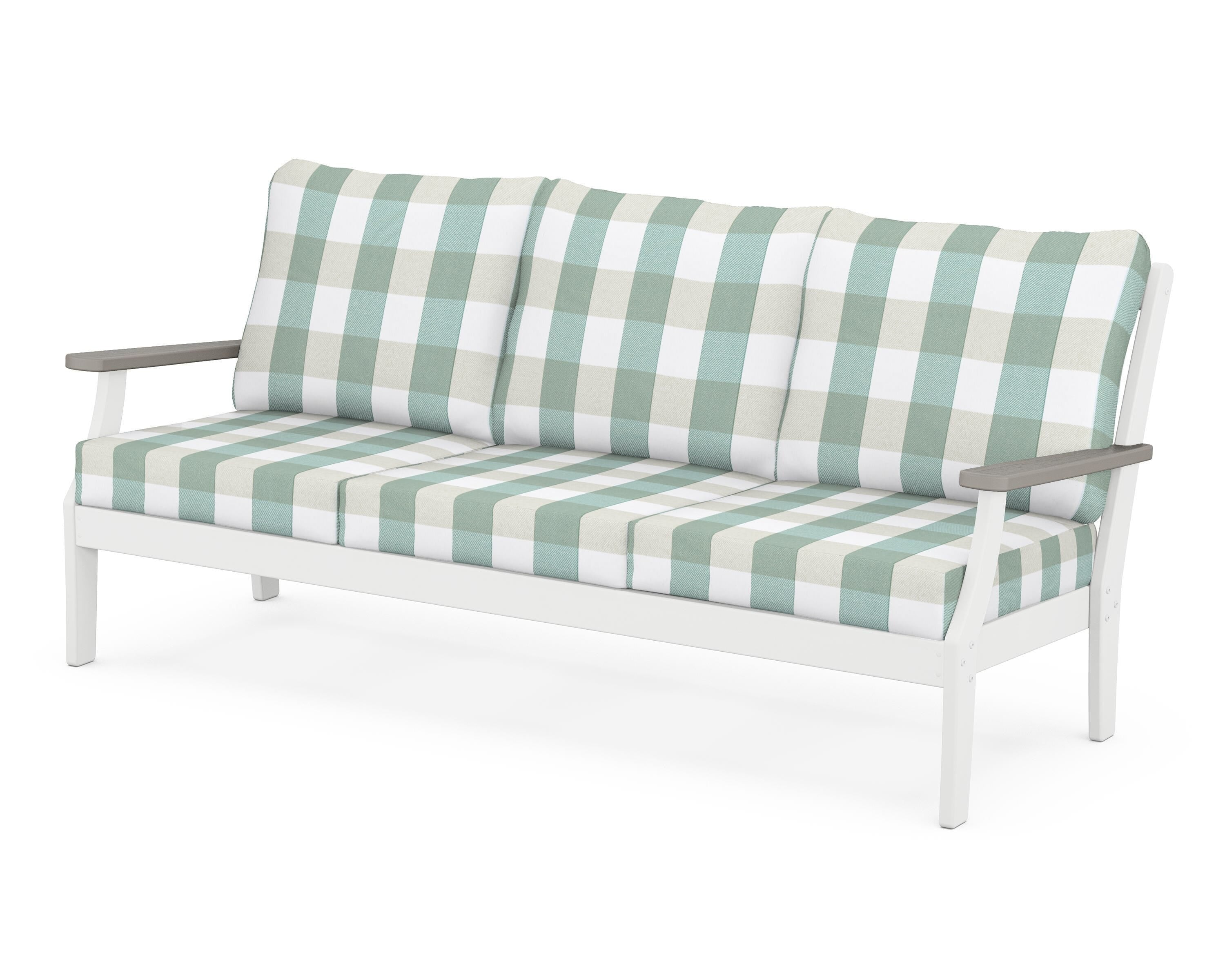 POLYWOOD® Braxton Deep Seating Sofa in White / Driftwood / Buffalo Plaid Glacier Spa