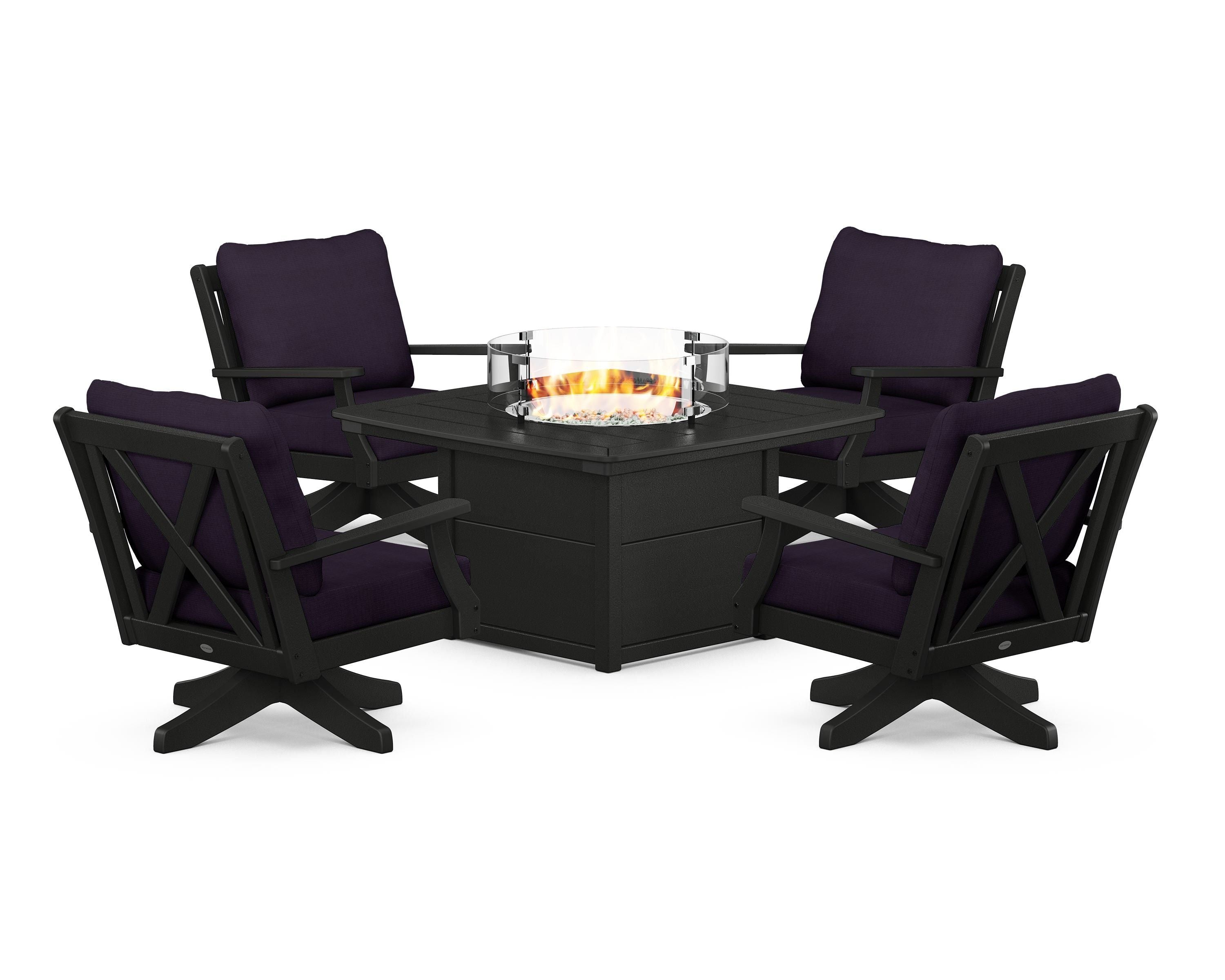 POLYWOOD® Braxton 5-Piece Deep Seating Swivel Conversation Set with Fire Pit Table in Black / Navy Linen