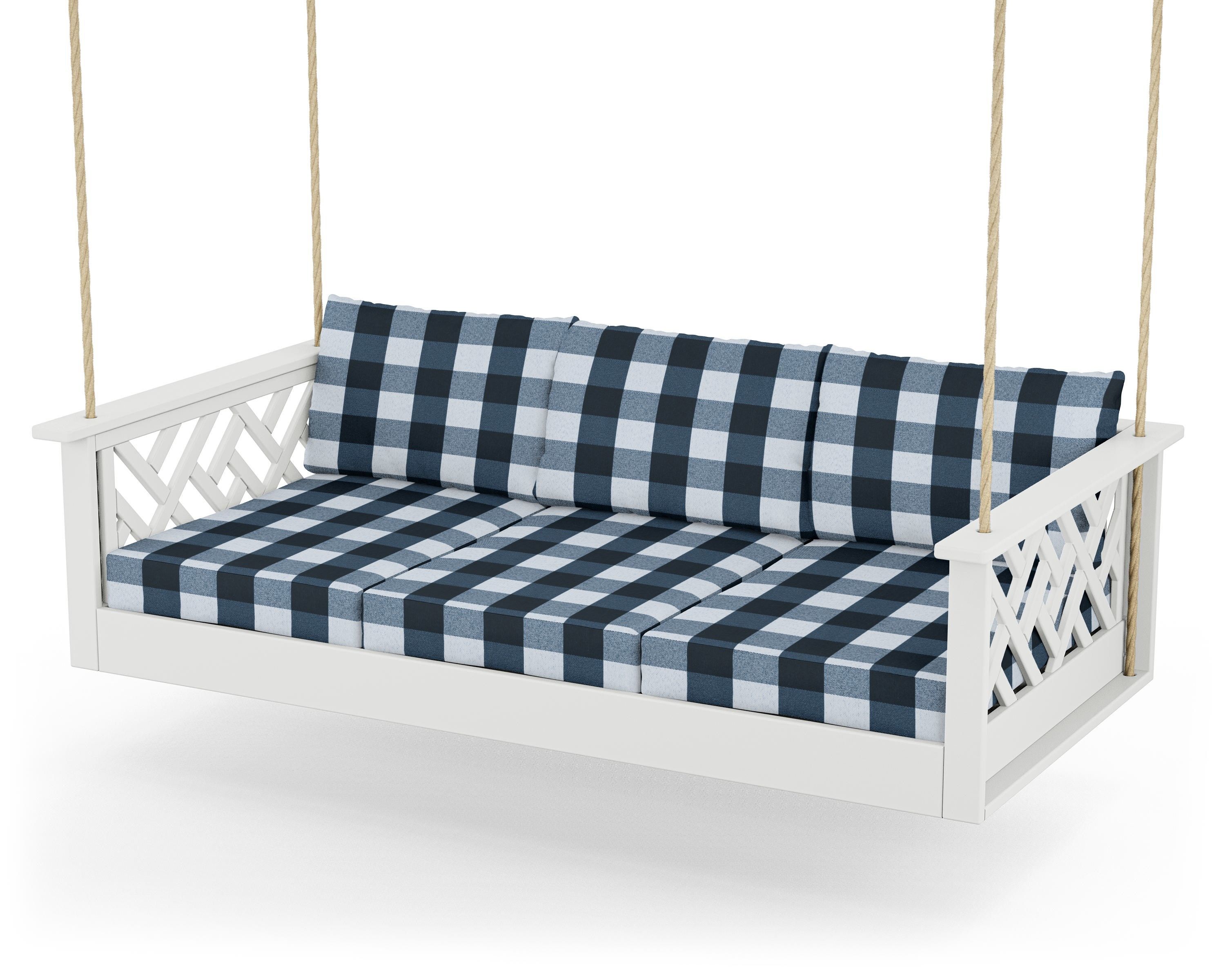 POLYWOOD® Chippendale Daybed Swing in White / Buffalo Plaid Marine Indigo
