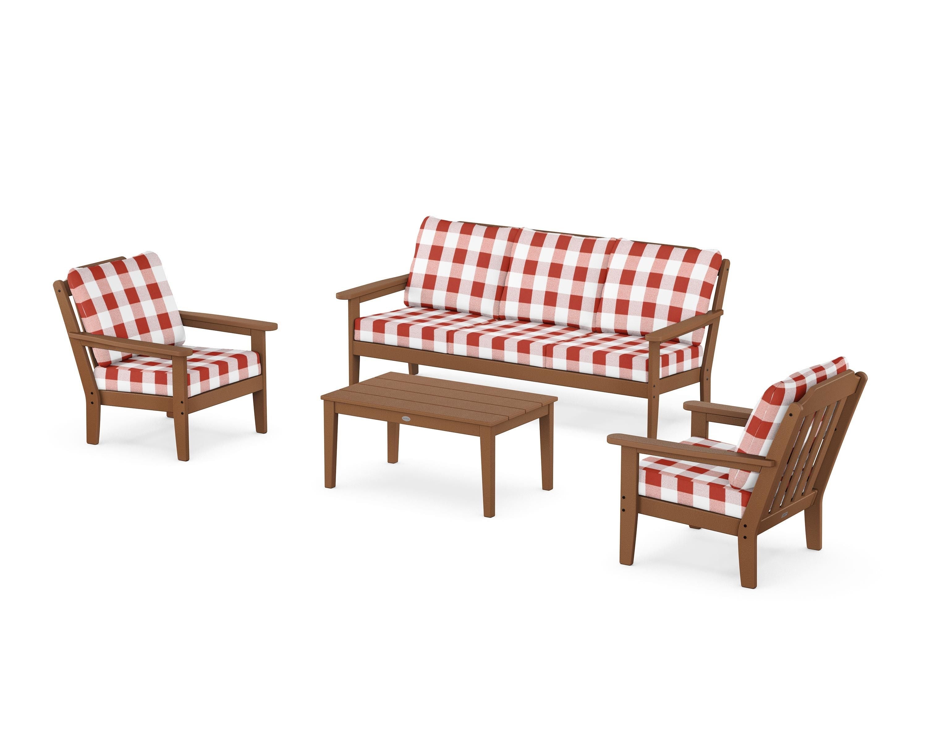 Country Living Cottage 4-Piece Deep Seating Set with Sofa in Teak / Buffalo Plaid Crimson