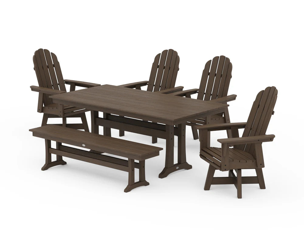 Vineyard Curveback Adirondack 6-Piece Swivel Chair Farmhouse Dining Set with Trestle Legs and Bench
