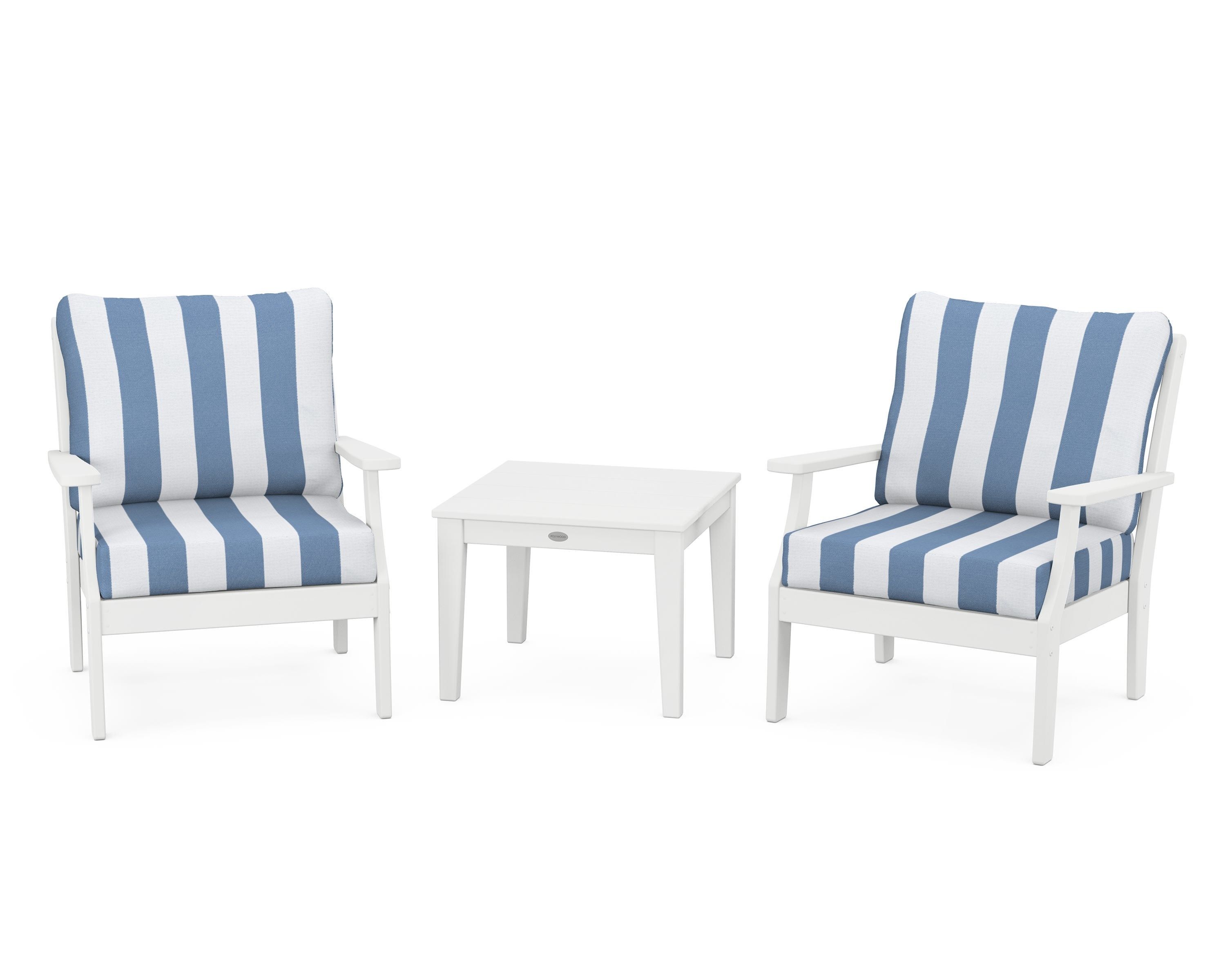 POLYWOOD® Braxton 3-Piece Deep Seating Set in White / Cabana Stripe Sky Blue