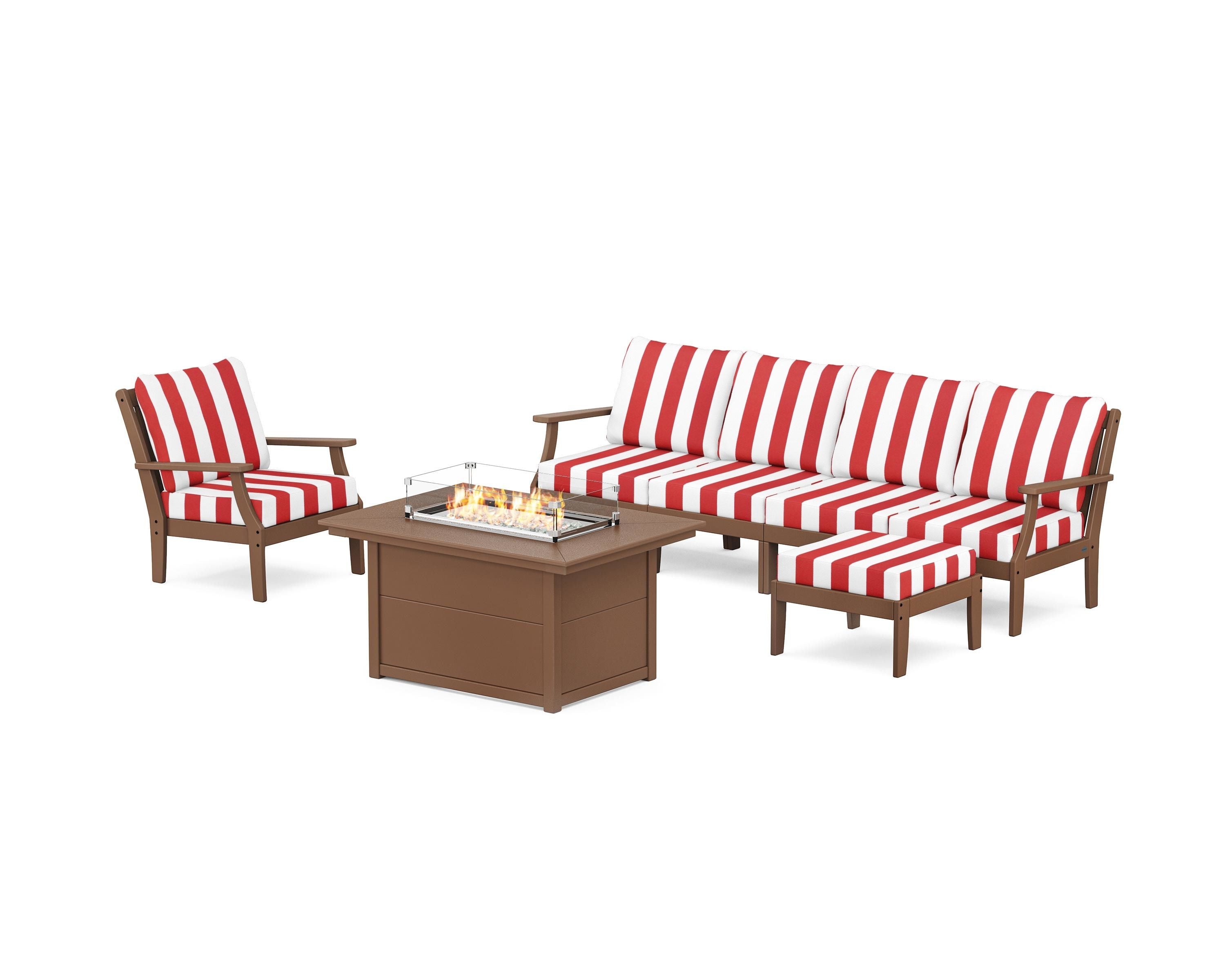 POLYWOOD® Braxton Sectional Lounge and Fire Pit Set in Teak / Cabana Stripe Crimson
