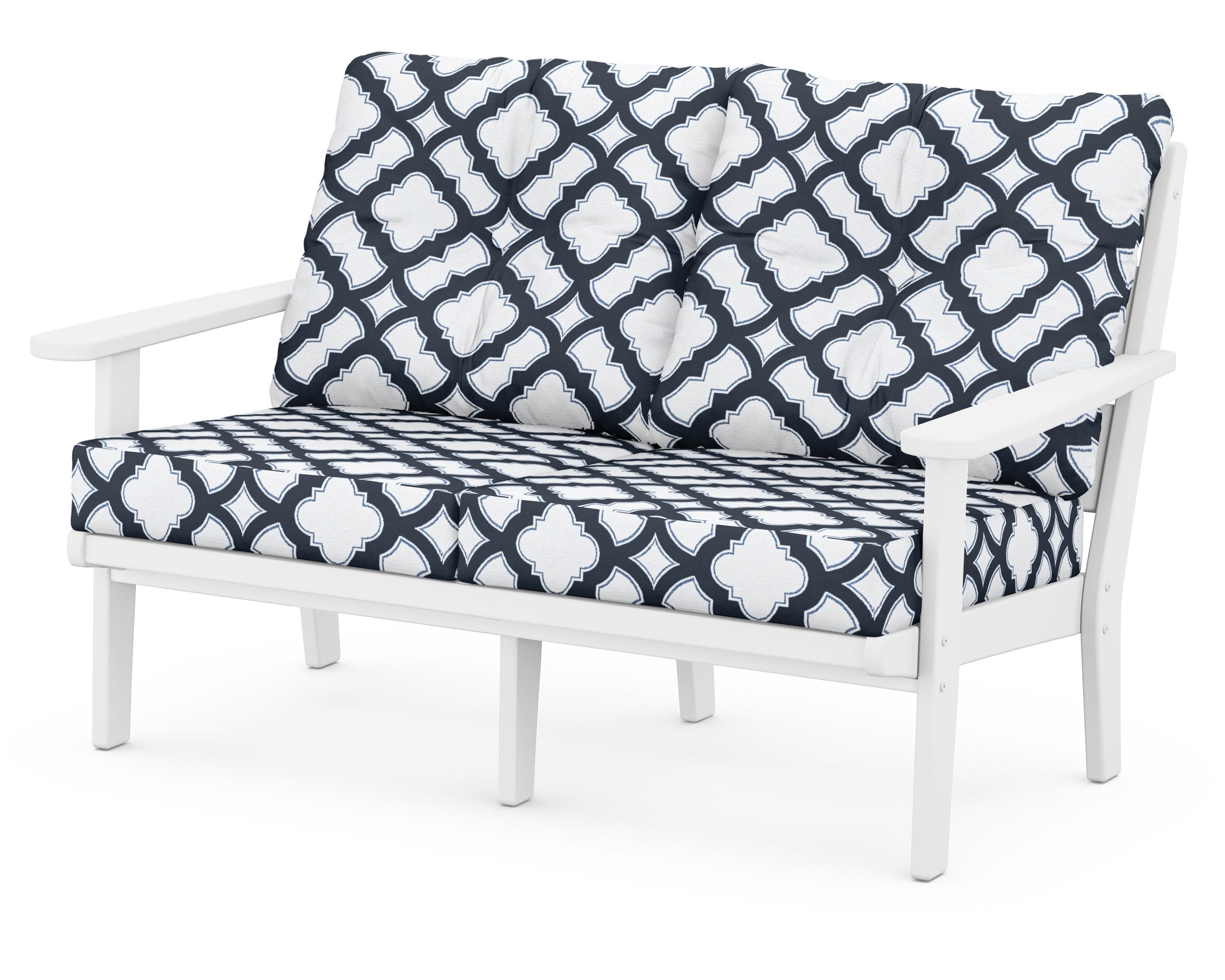 POLYWOOD® Lakeside Deep Seating Loveseat in White / Trellis Marine Indigo