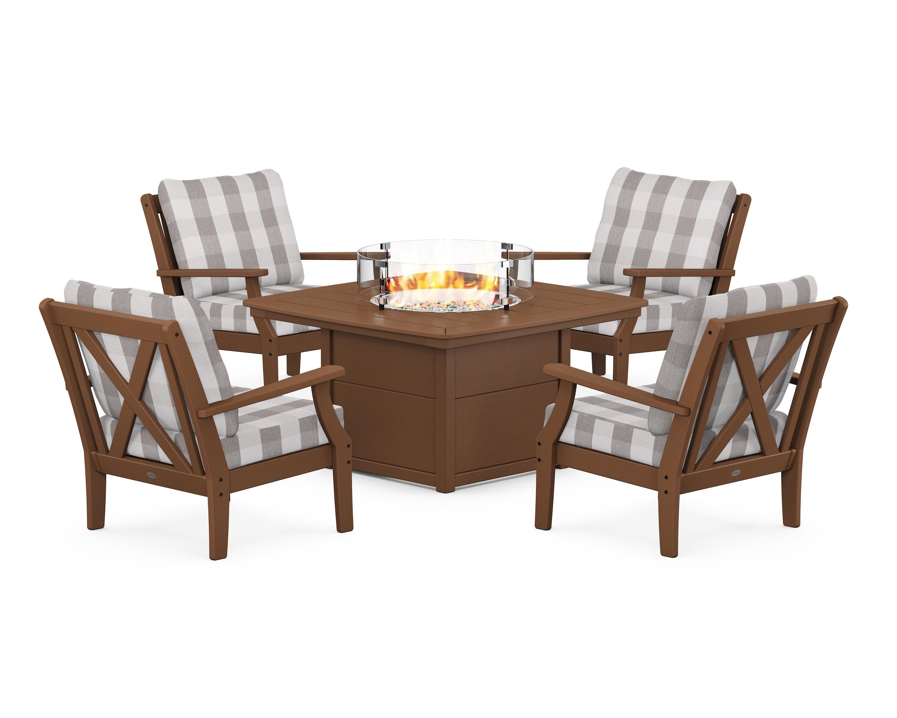 POLYWOOD® Braxton 5-Piece Deep Seating Conversation Set with Fire Pit Table in Teak / Buffalo Plaid Grey Mist