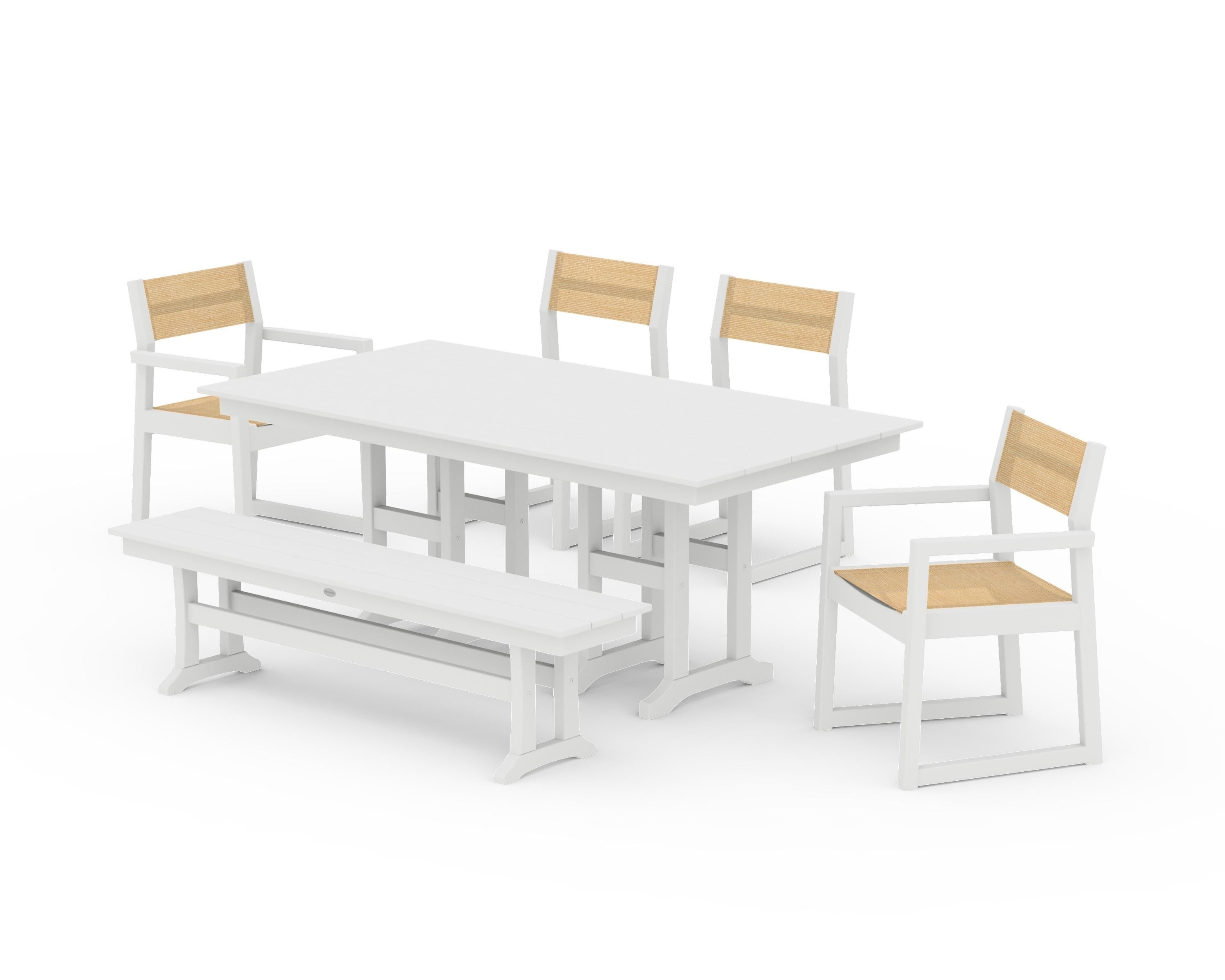 POLYWOOD® EDGE Sling 6-Piece Farmhouse Dining Set in White / Dupioni Apricot Sling