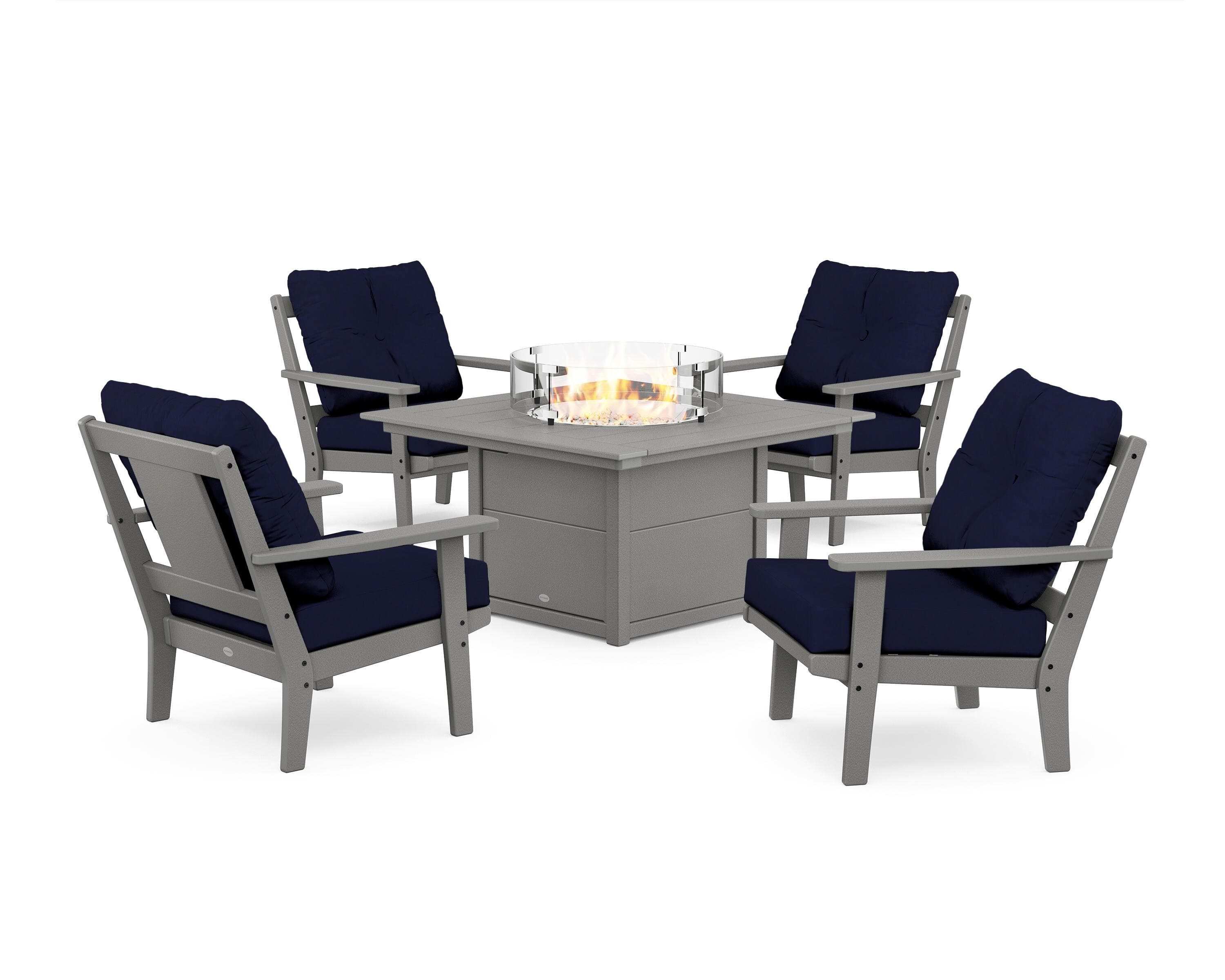 POLYWOOD® Prairie 5-Piece Deep Seating Set with Fire Pit Table in Slate Grey / Navy