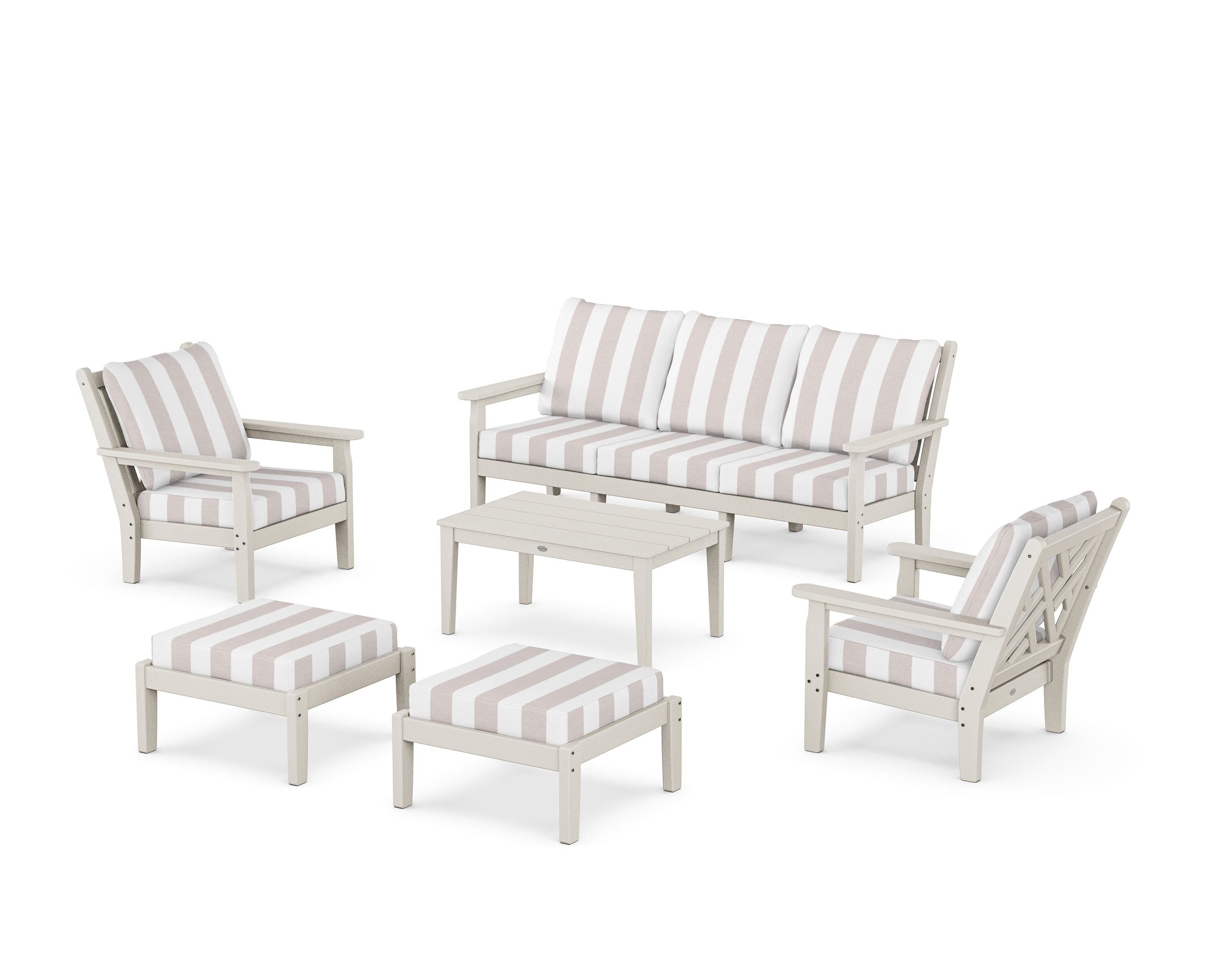 POLYWOOD® Chippendale 6-Piece Lounge Sofa Set in Sand / Cabana Stripe Dune Burlap