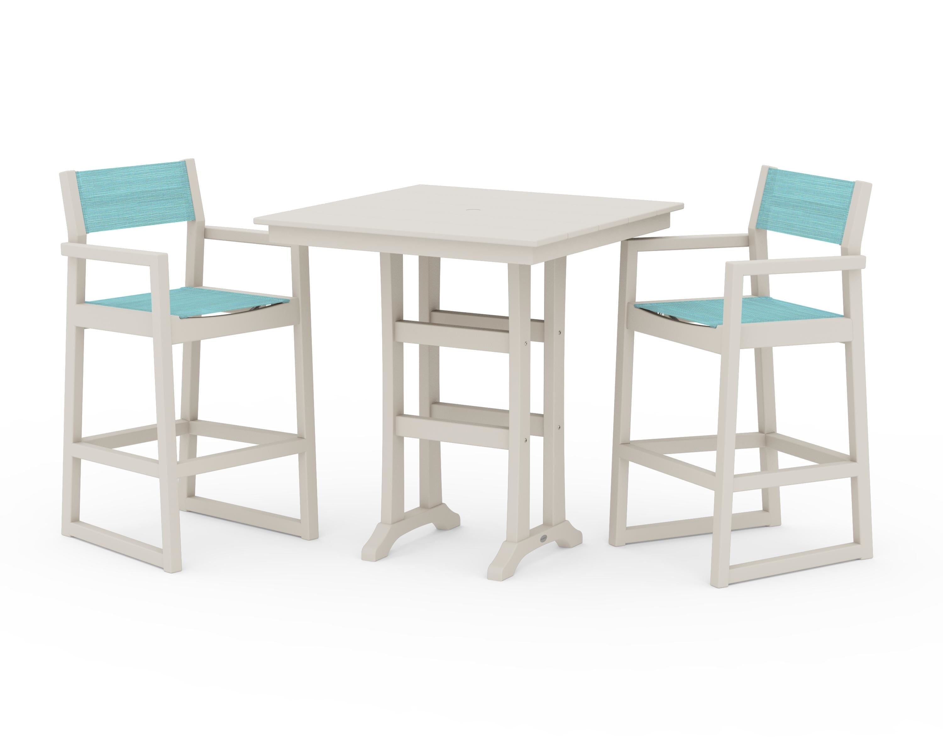 POLYWOOD® EDGE Sling Arm Chair 3-Piece Farmhouse Bar Set with Trestle Legs in Sand / Dupioni Aquamarine Sling