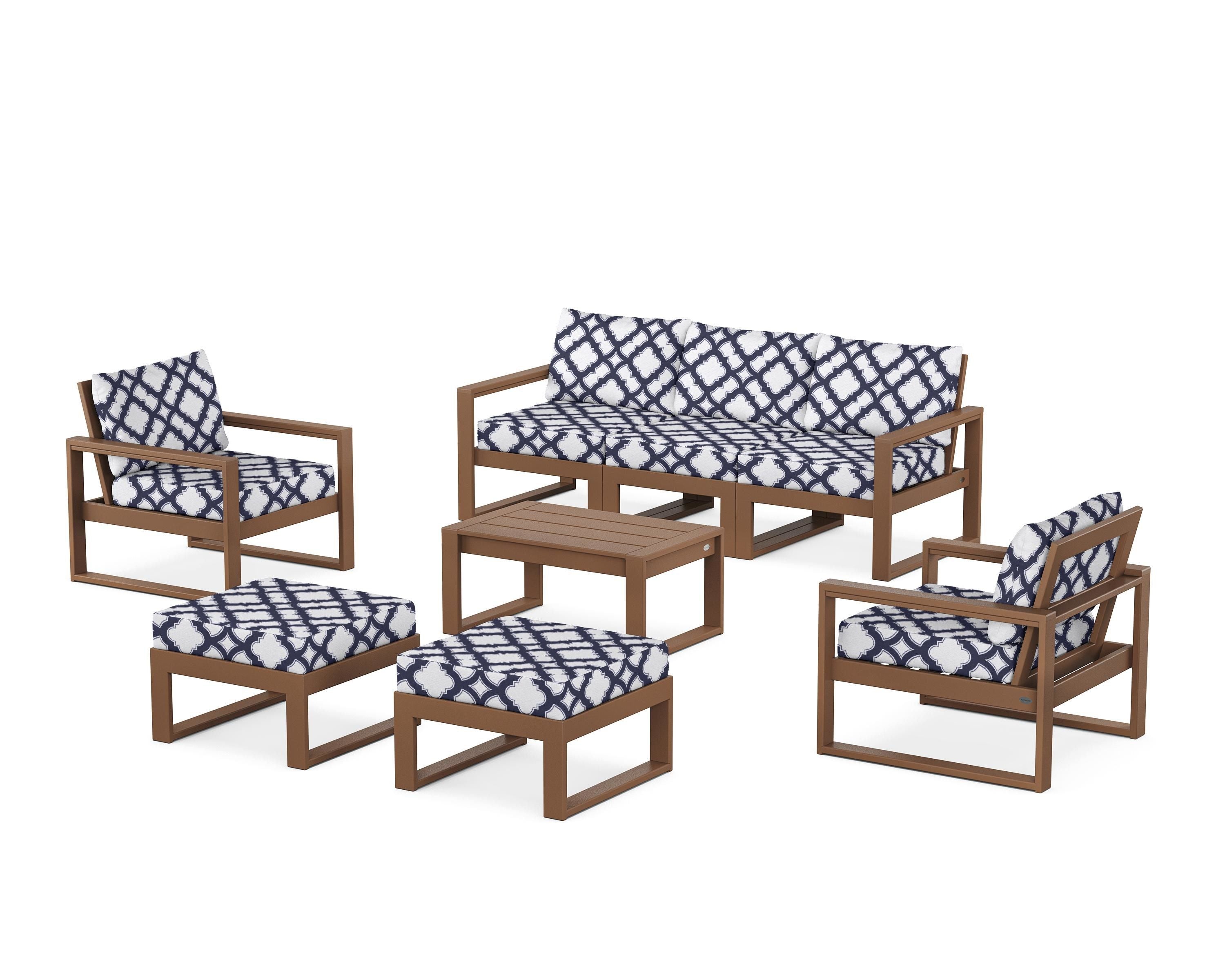 POLYWOOD® EDGE Sectional 8-Piece Lounge Sofa Set in Teak / Trellis Navy