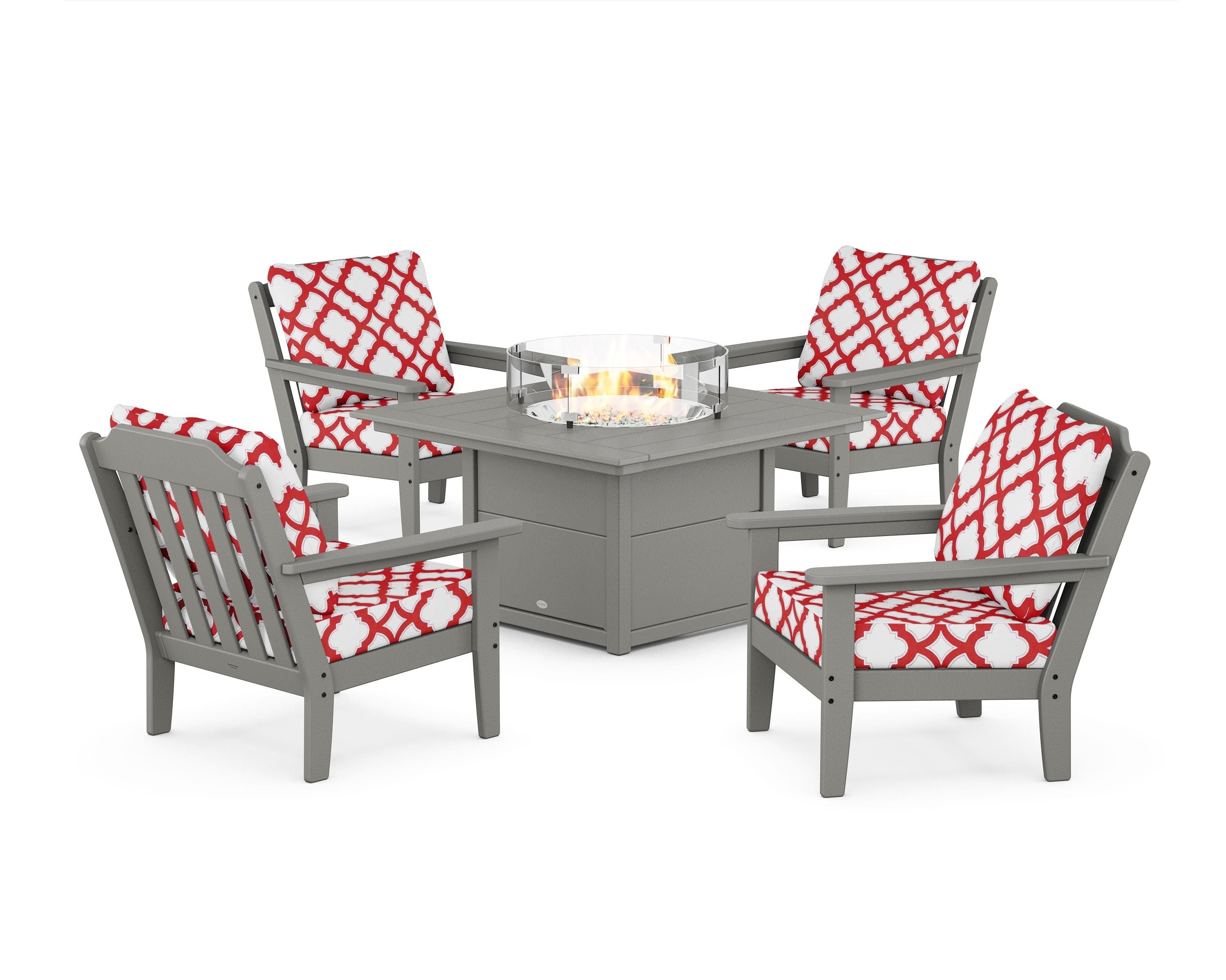 Country Living Cottage 5-Piece Deep Seating Set with Fire Pit Table in Slate Grey / Trellis Crimson