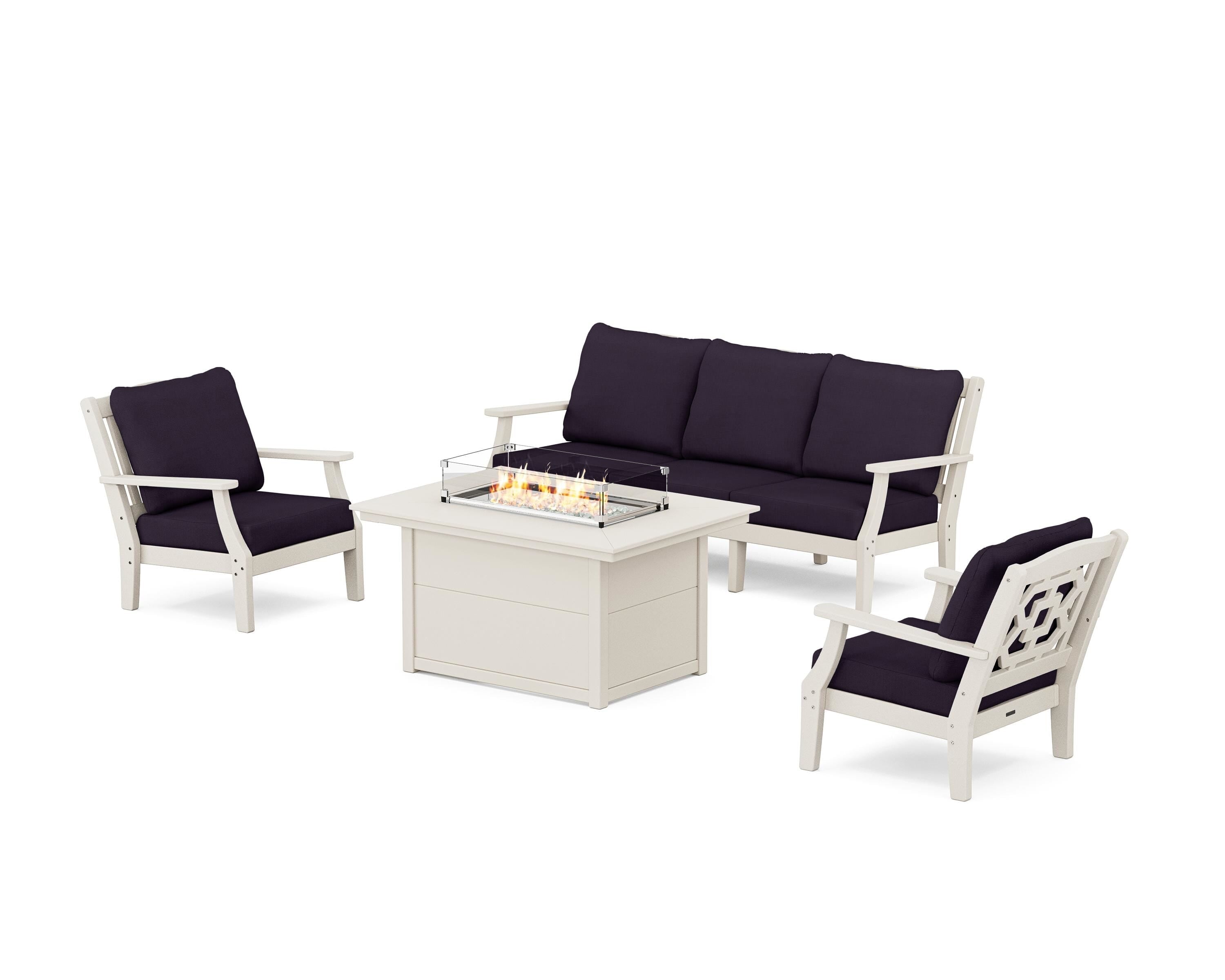 Martha Stewart by POLYWOOD® Chinoiserie Deep Seating Fire Pit Table Set in Sand / Navy Linen