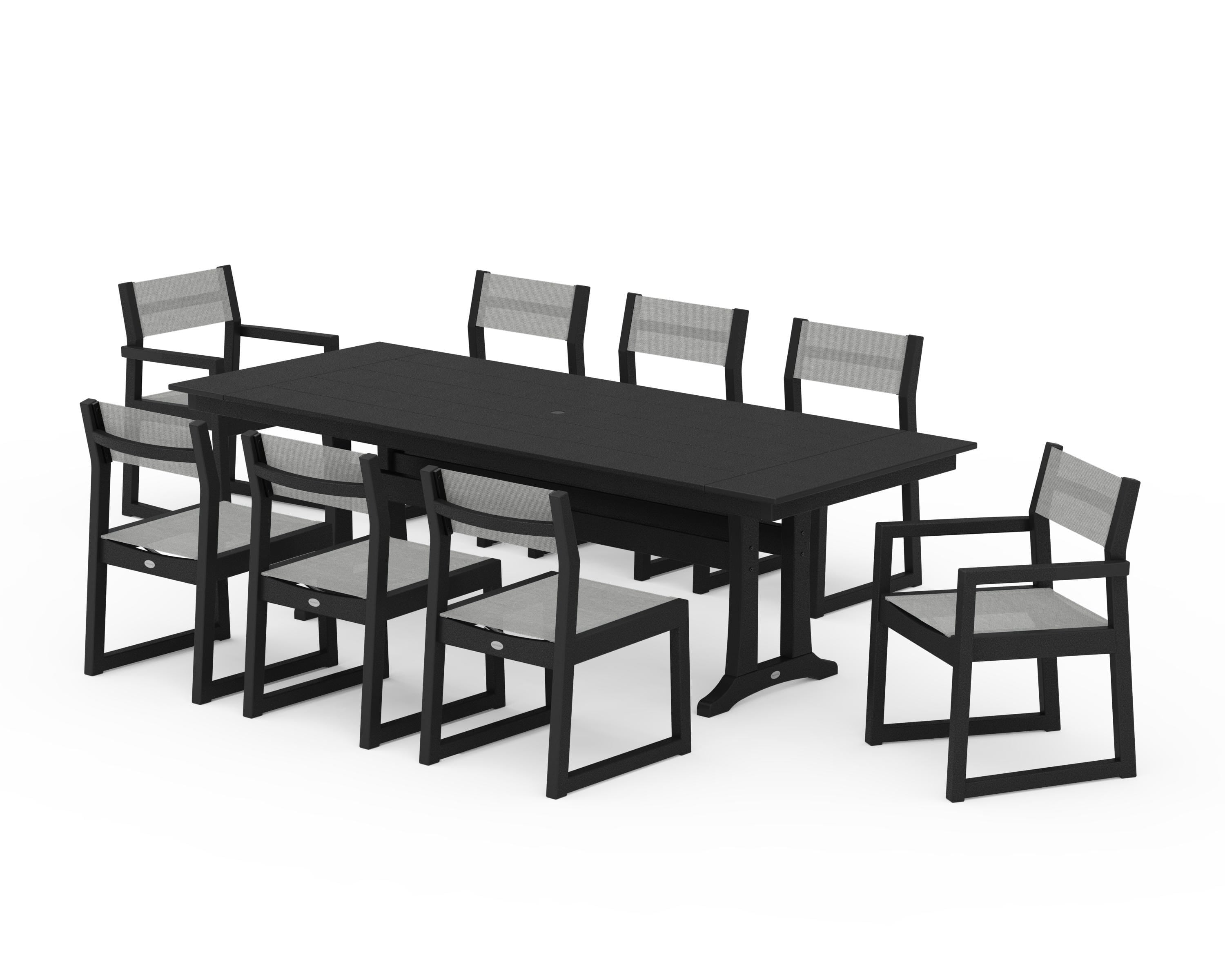POLYWOOD® EDGE Sling 9-Piece Farmhouse Trestle Dining Set in Black / Metallic Sling
