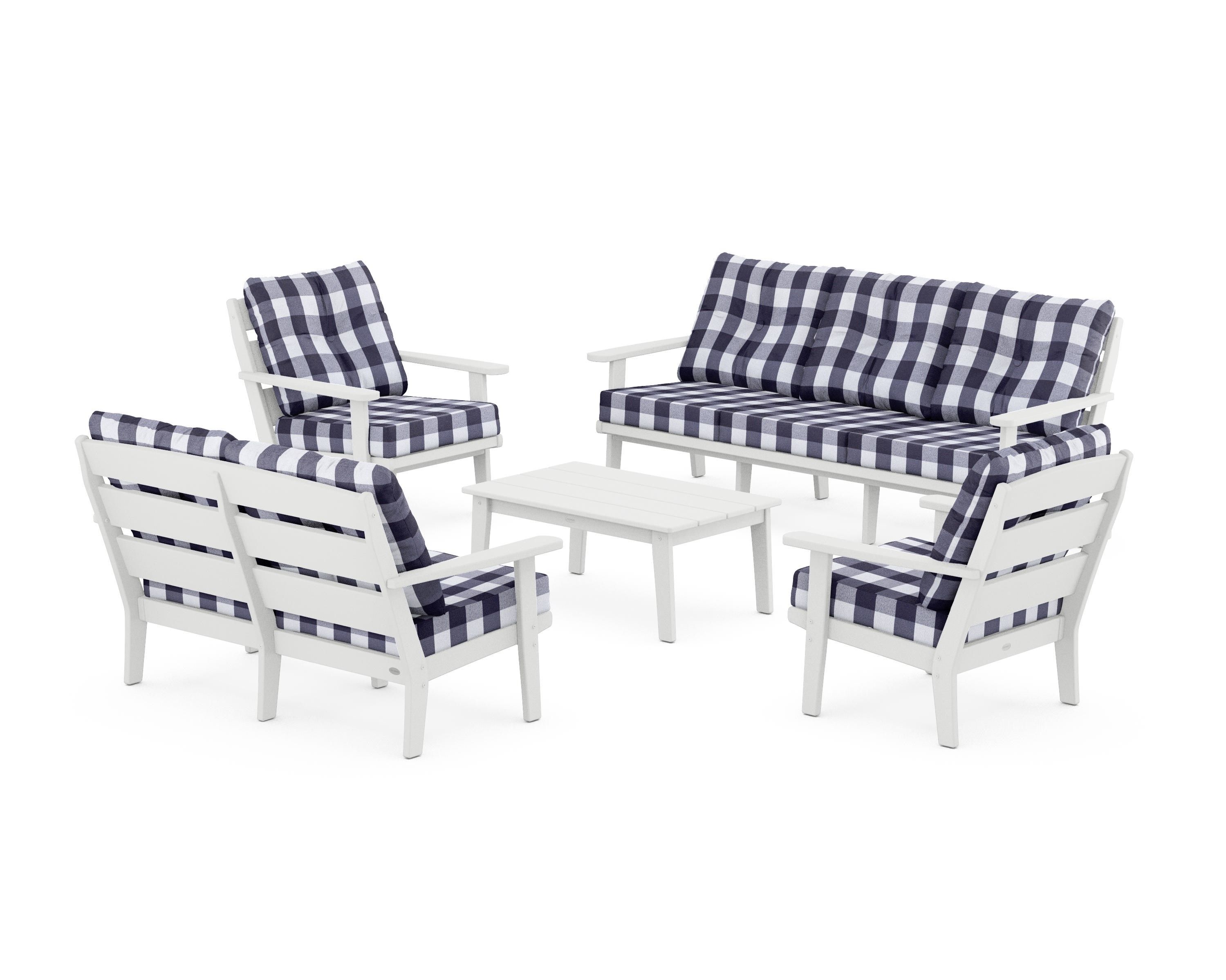 POLYWOOD® Lakeside 5-Piece Lounge Sofa Set in White / Buffalo Plaid Navy