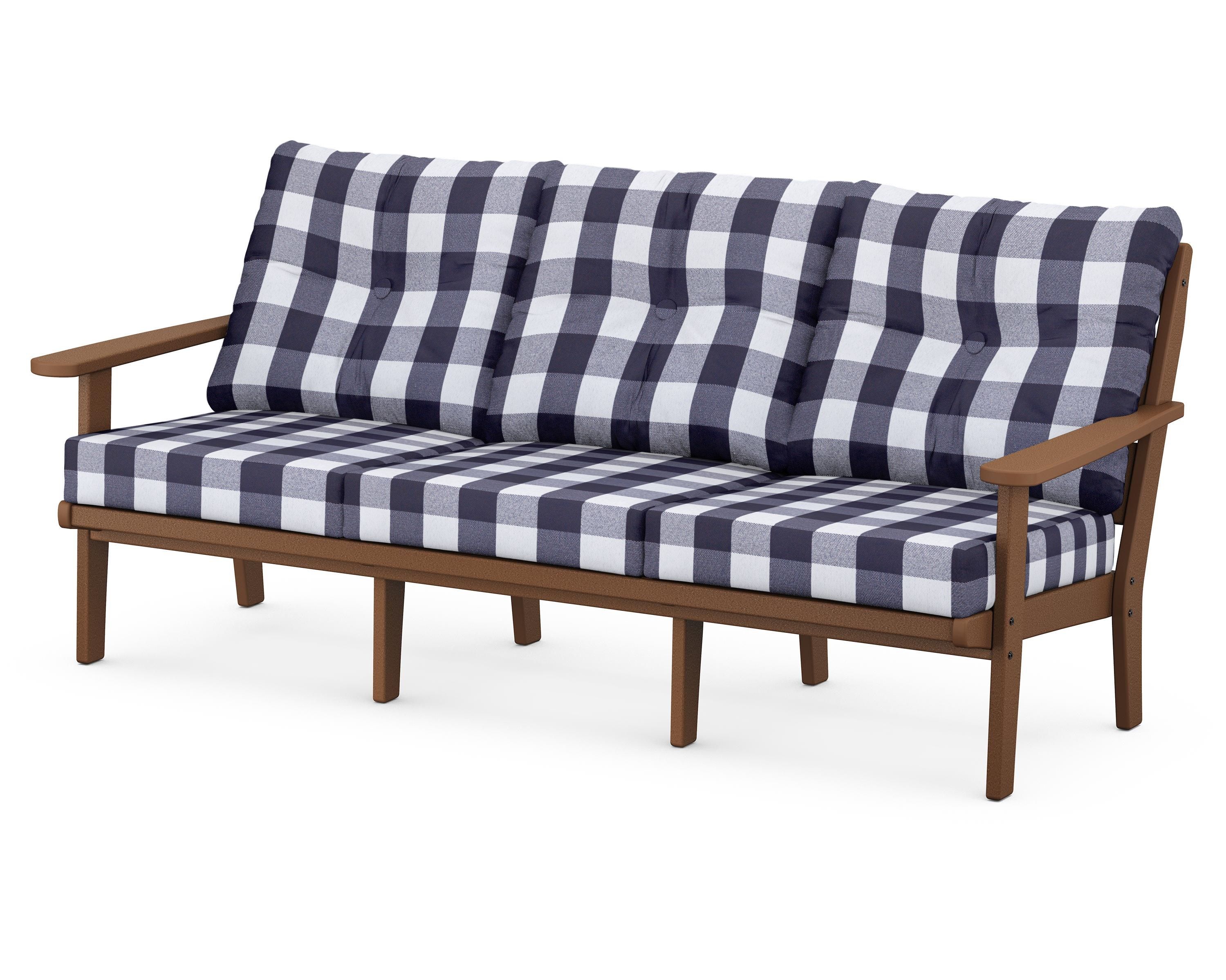 POLYWOOD® Lakeside Deep Seating Sofa in Teak / Buffalo Plaid Navy