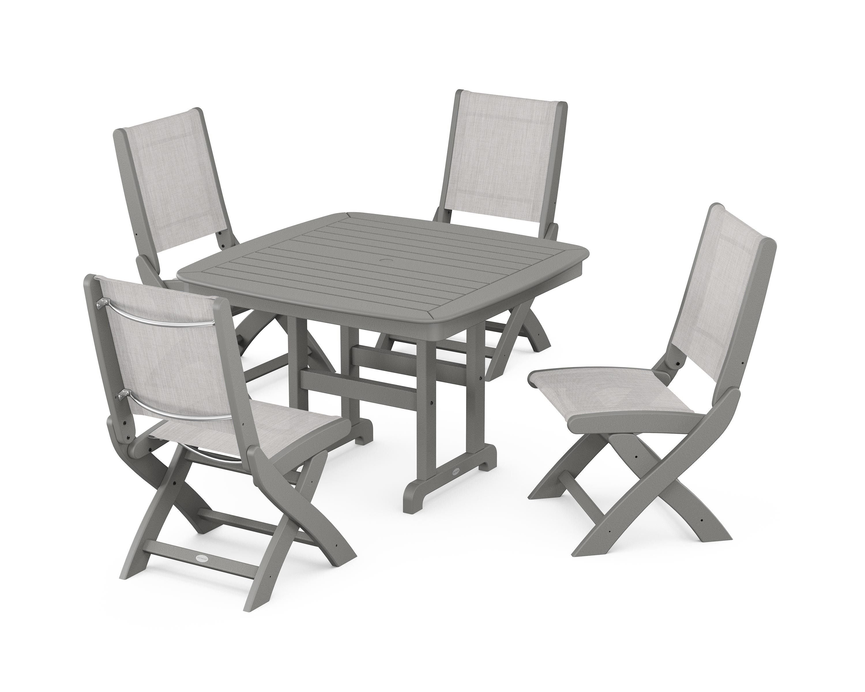 POLYWOOD® Coastal Folding Side Chair 5-Piece Dining Set in Slate Grey / Parchment Sling