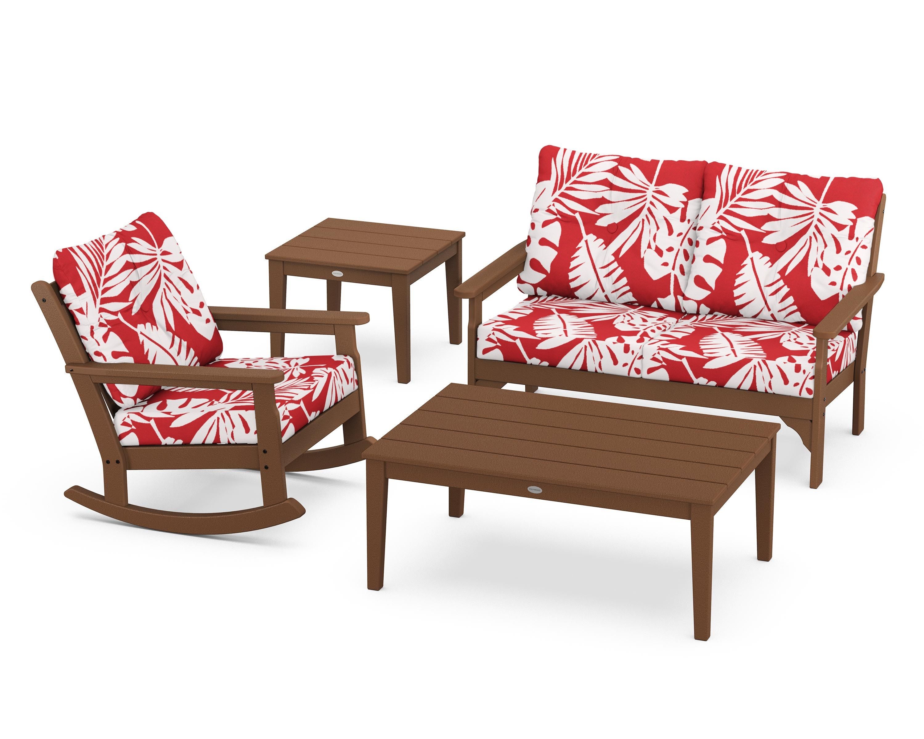 POLYWOOD® Vineyard 4-Piece Deep Seating Rocker Set in Teak / Leaf Crimson