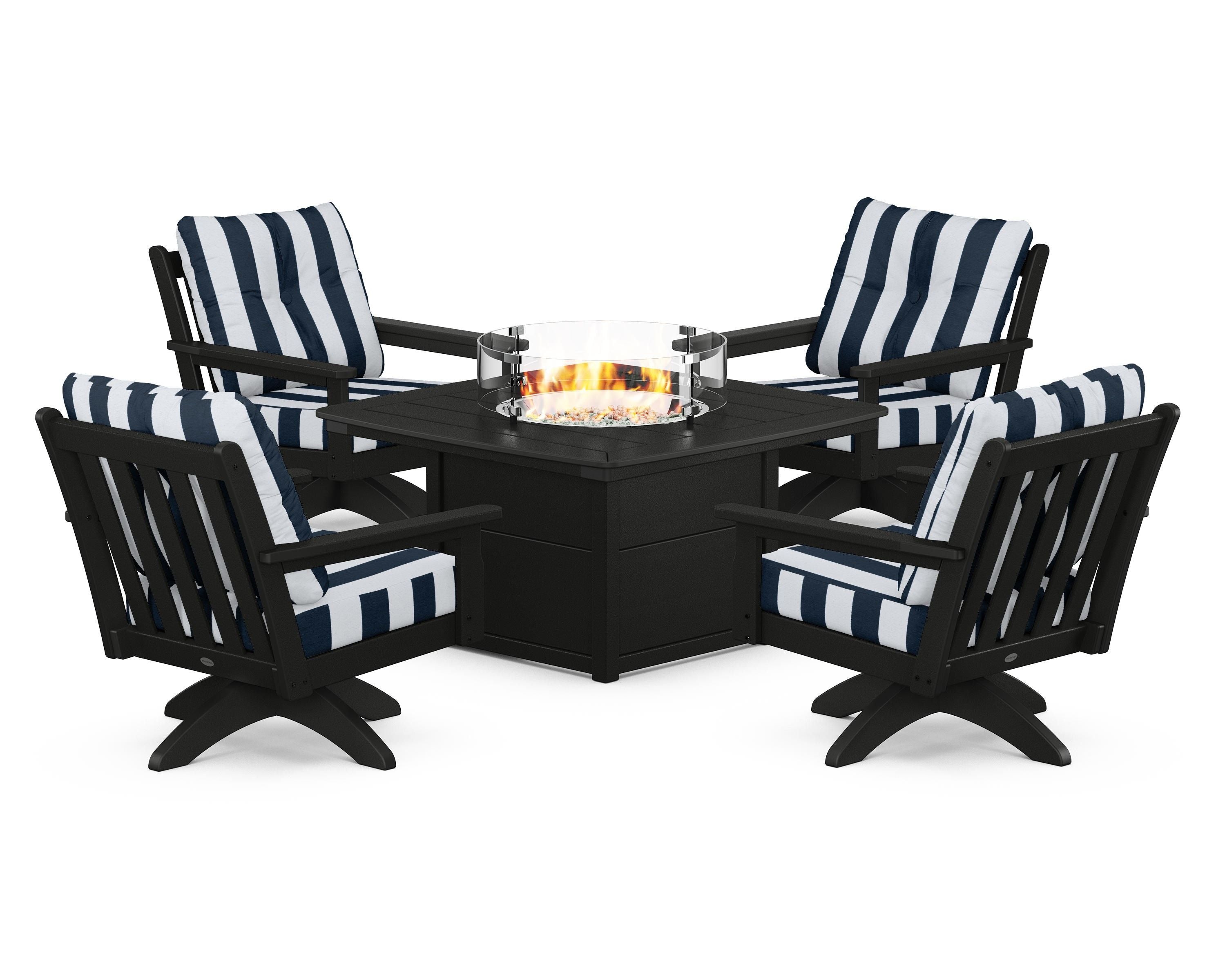 POLYWOOD® Vineyard 5-Piece Deep Seating Swivel Conversation Set with Fire Pit Table in Black / Cabana Stripe Marine Indigo