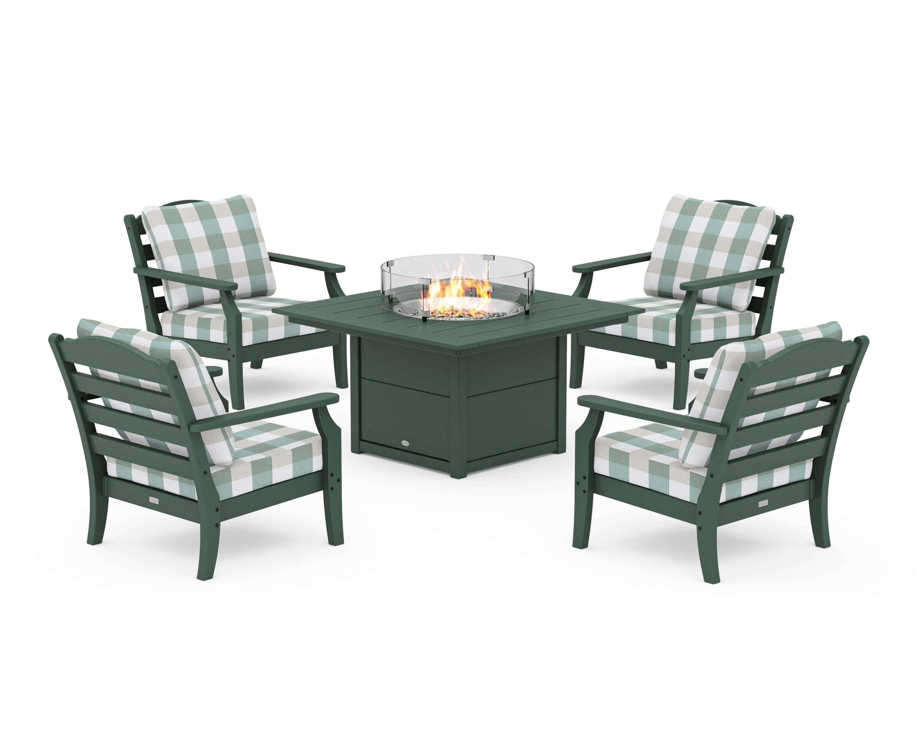 Draper James™ by POLYWOOD® Savannah 5-Piece Deep Seating Set with Fire Pit Table in Green / Buffalo Plaid Glacier Spa