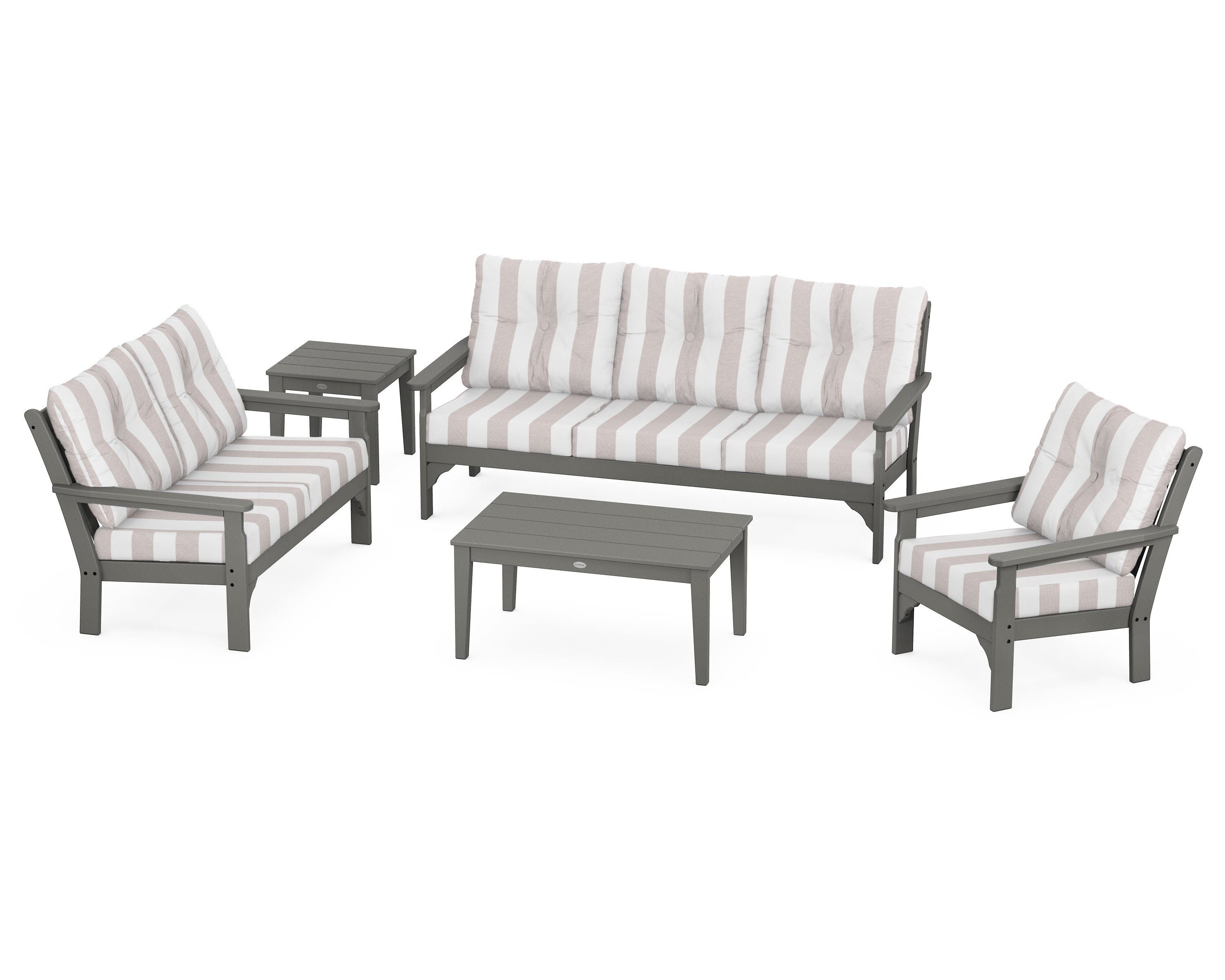 POLYWOOD® Vineyard 5 Piece Deep Seating Set in Slate Grey / Cabana Stripe Dune Burlap
