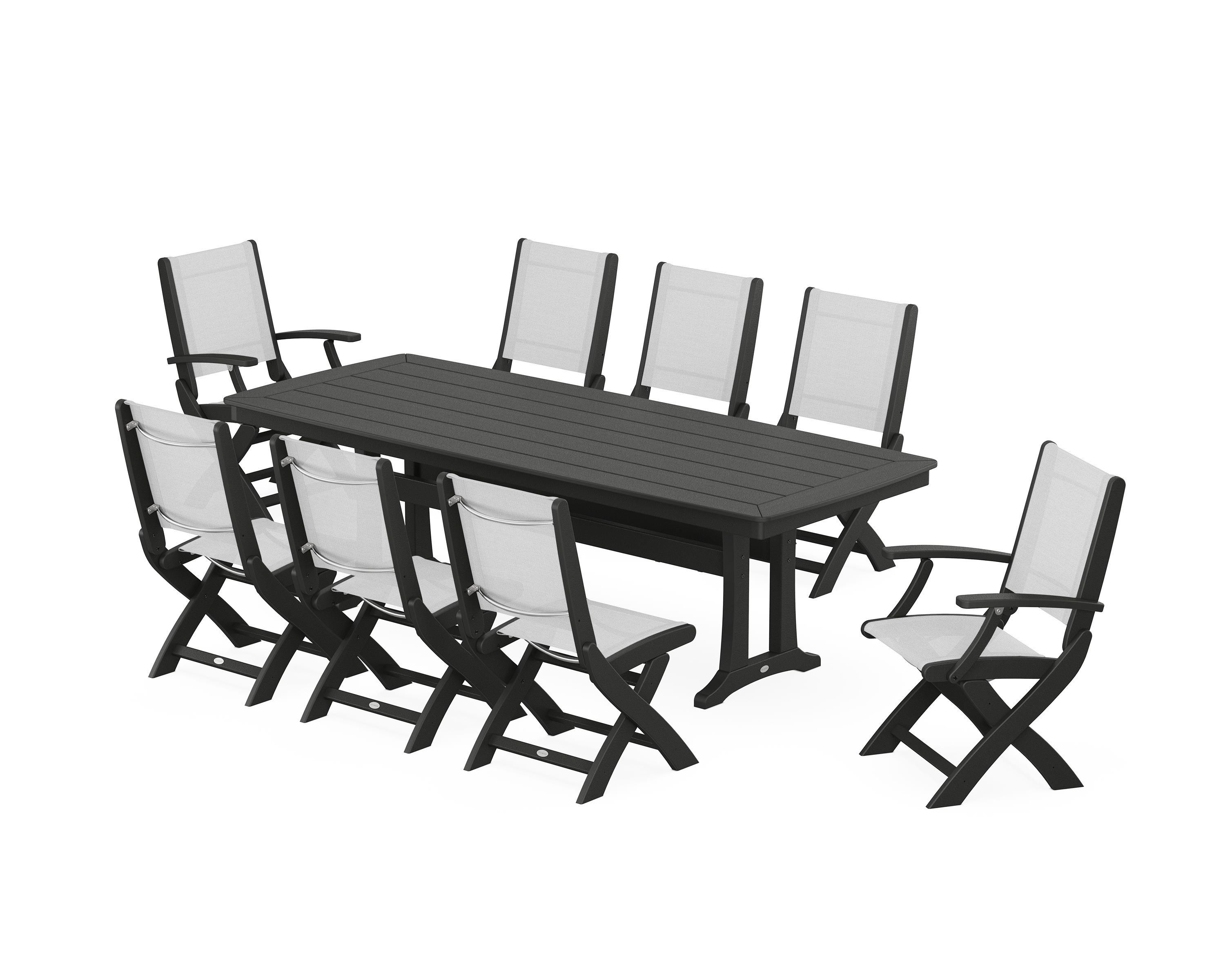 POLYWOOD® Coastal Folding 9-Piece Dining Set with Trestle Legs in Black / White Sling