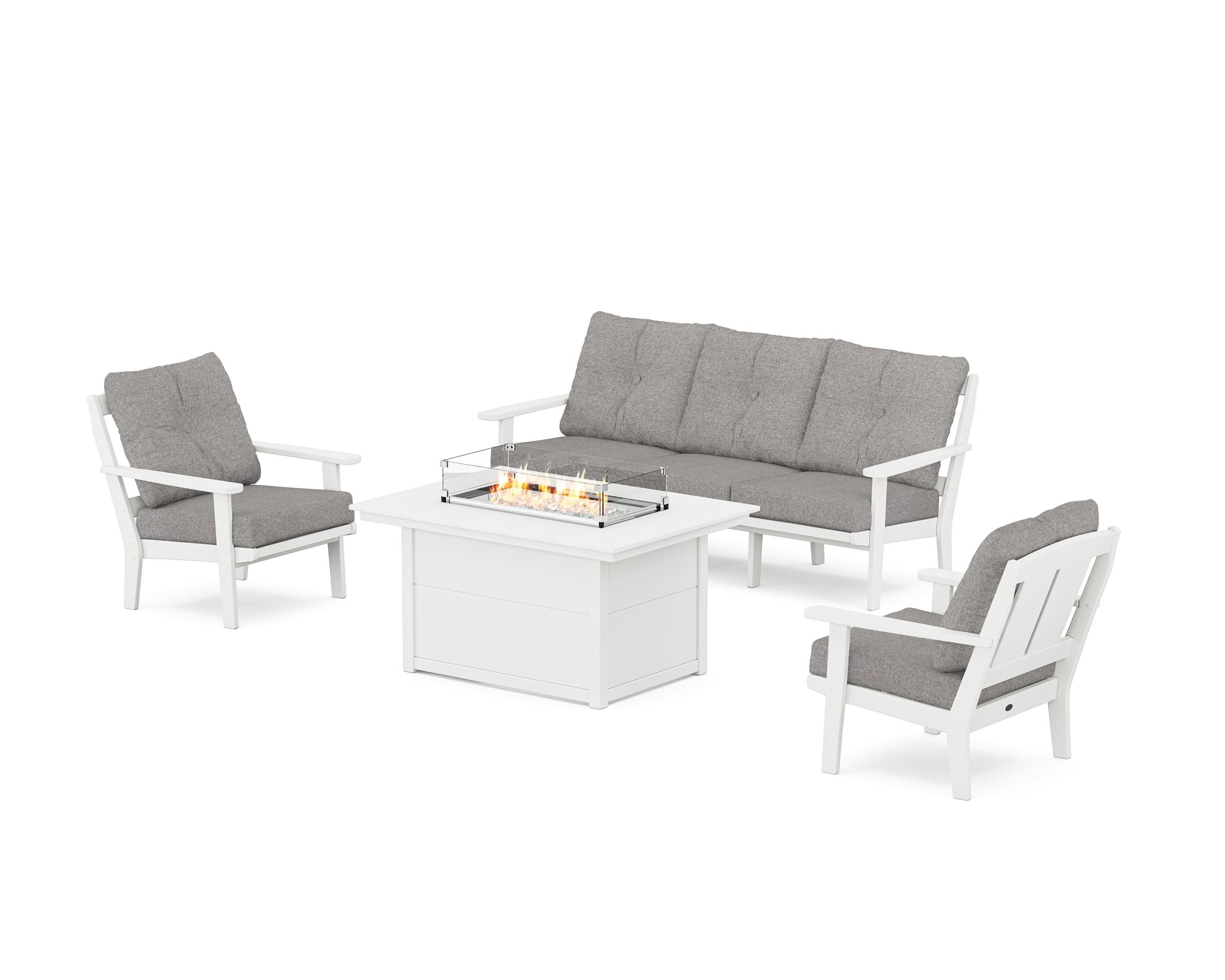 POLYWOOD® Mission Deep Seating Fire Pit Table Set in White / Grey Mist