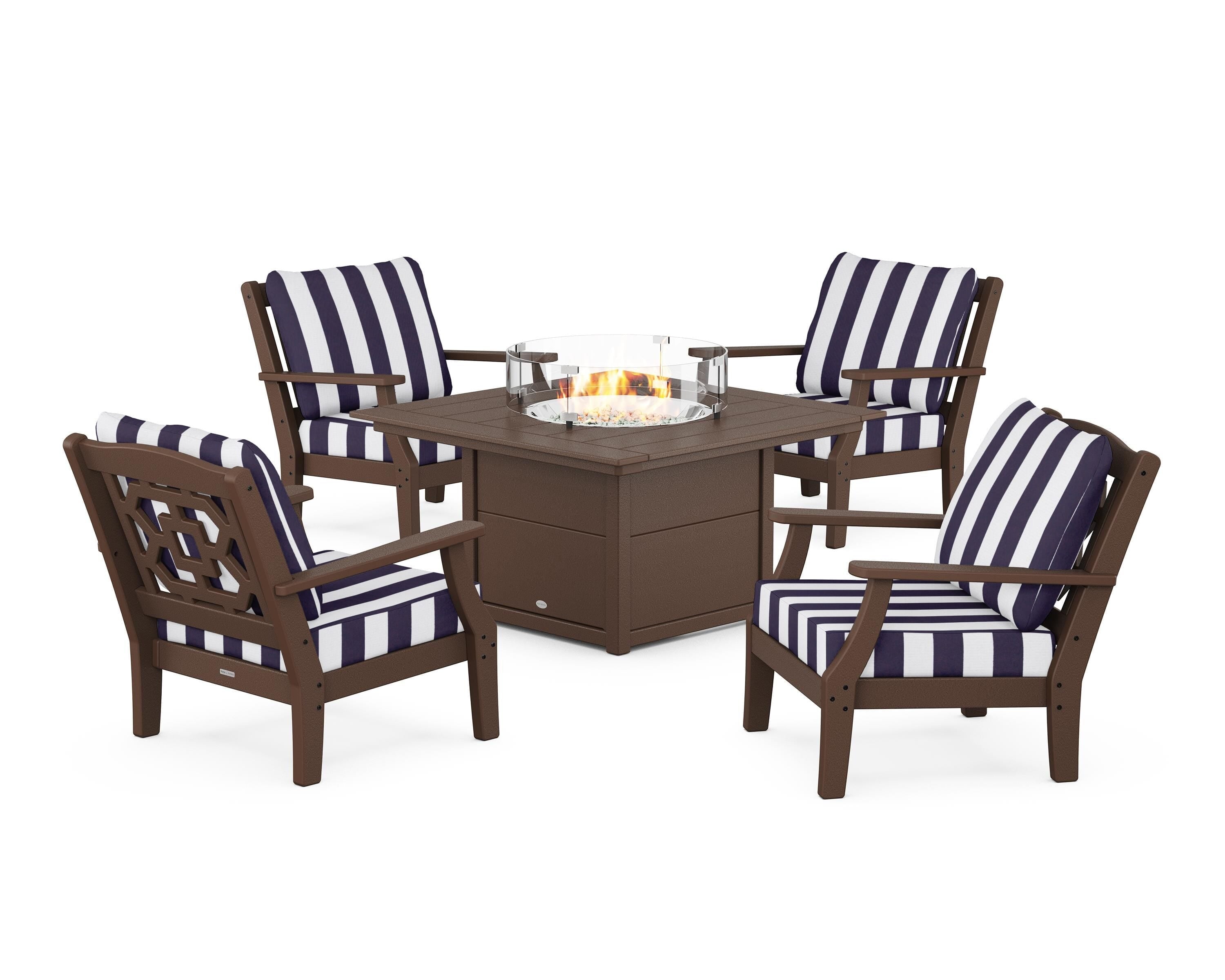 Martha Stewart by POLYWOOD® Chinoiserie 5-Piece Deep Seating Set with Fire Pit Table in Mahogany / Cabana Stripe Navy