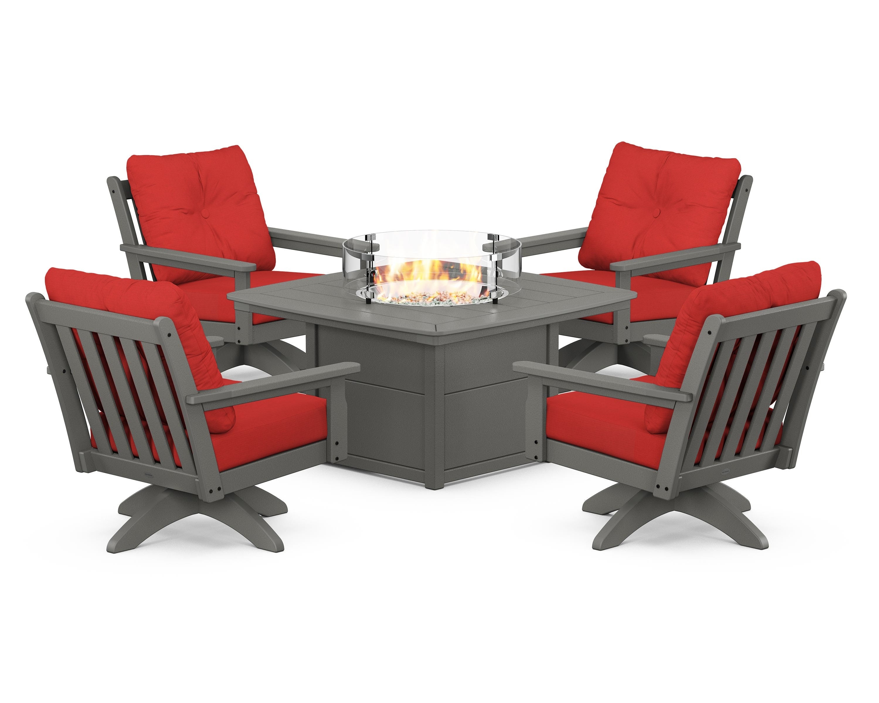 POLYWOOD® Vineyard 5-Piece Deep Seating Swivel Conversation Set with Fire Pit Table in Slate Grey / Crimson Linen