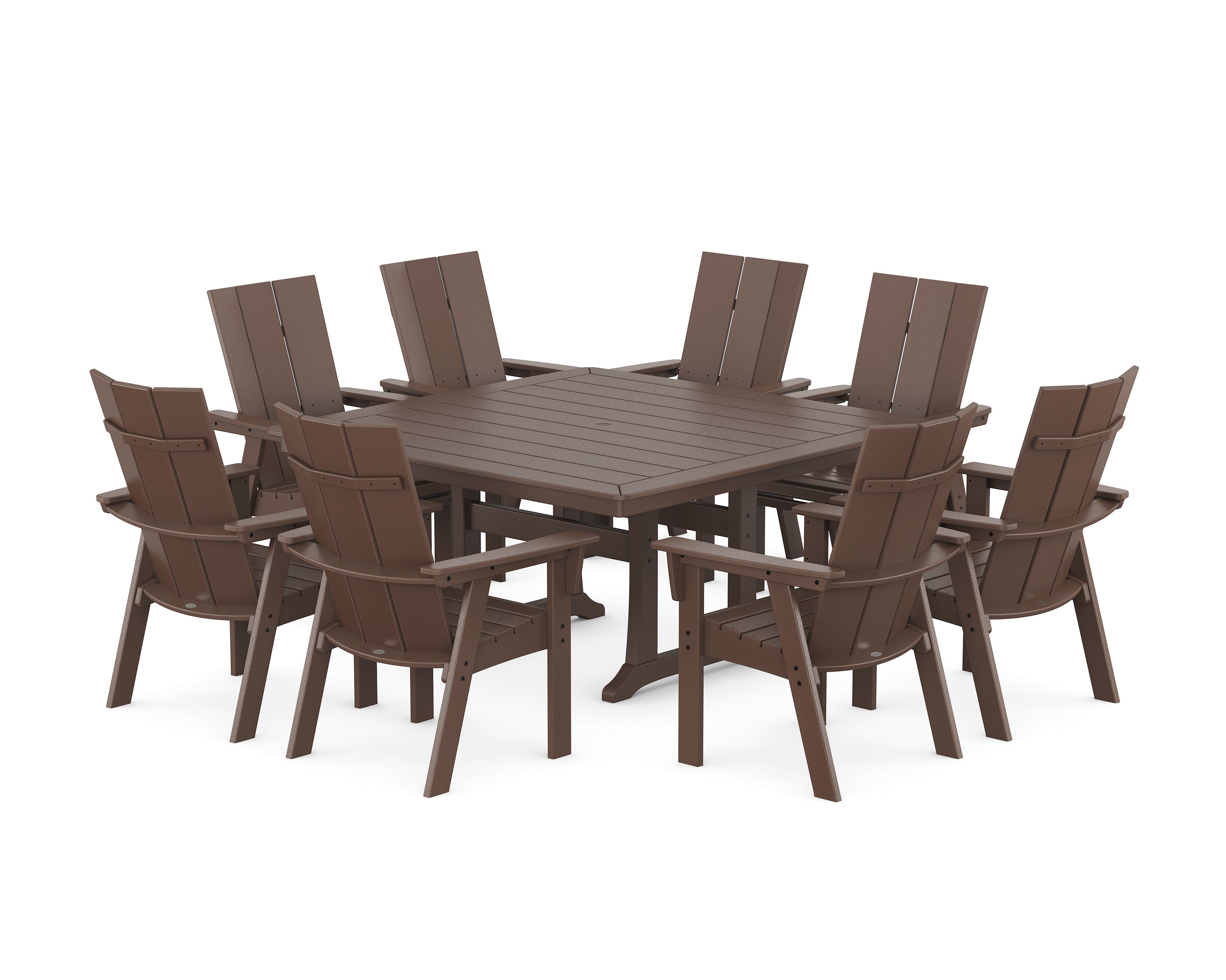 POLYWOOD® Modern Curveback Adirondack 9-Piece Square Dining Set with Trestle Legs in Mahogany